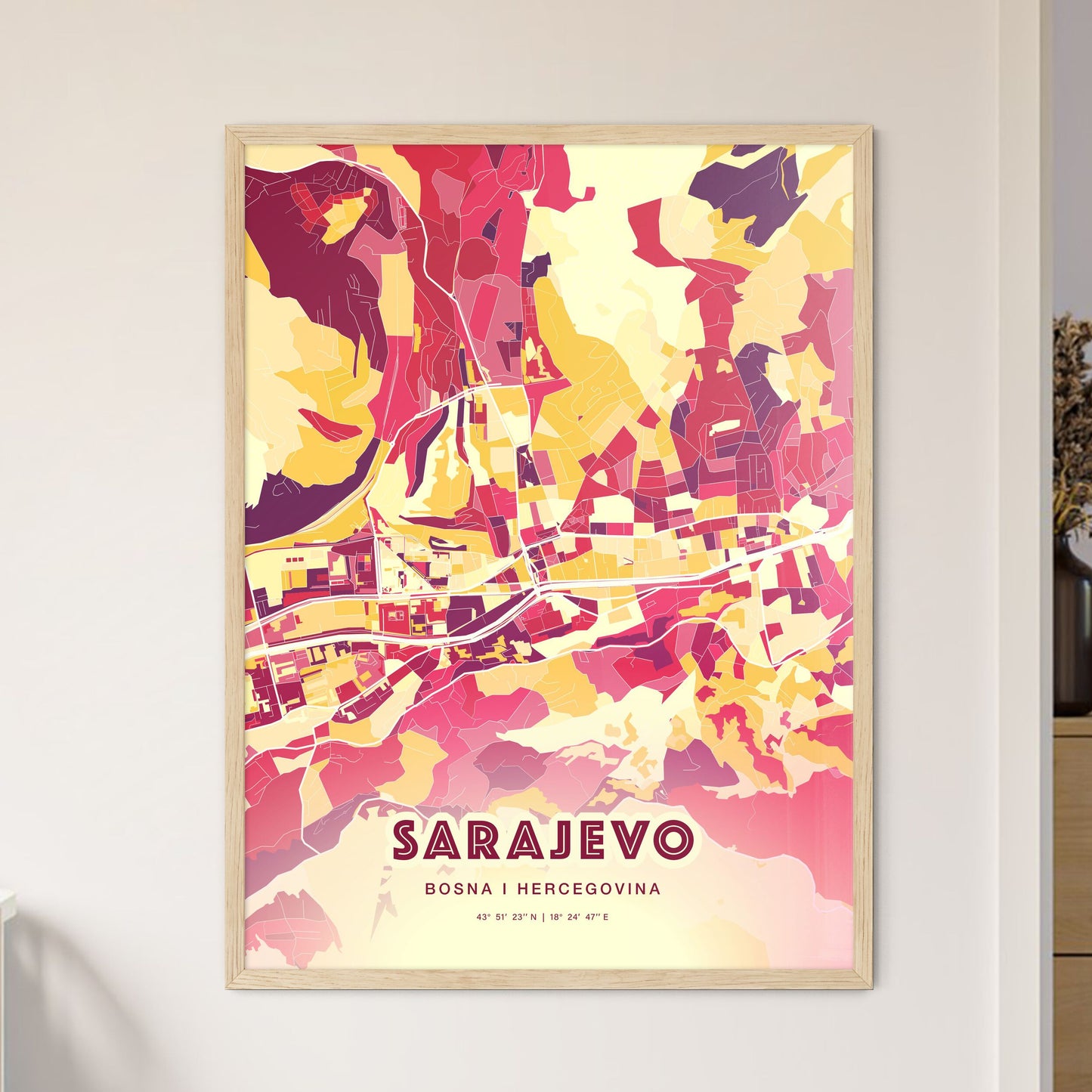 Colorful SARAJEVO BOSNIA AND HERZEGOVINA Fine Art Map Hot Red