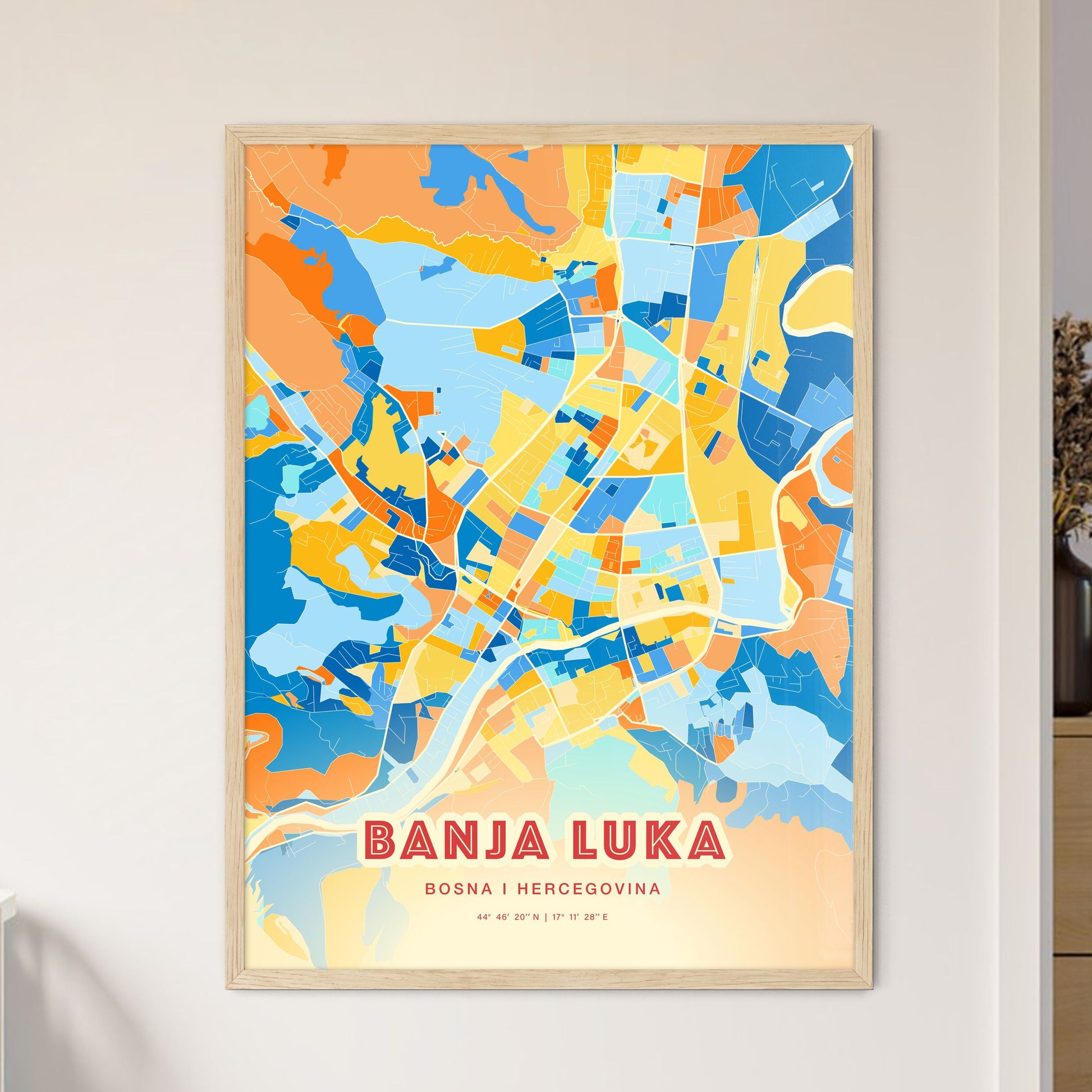 Colorful BANJA LUKA BOSNIA AND HERZEGOVINA Fine Art Map Blue Orange