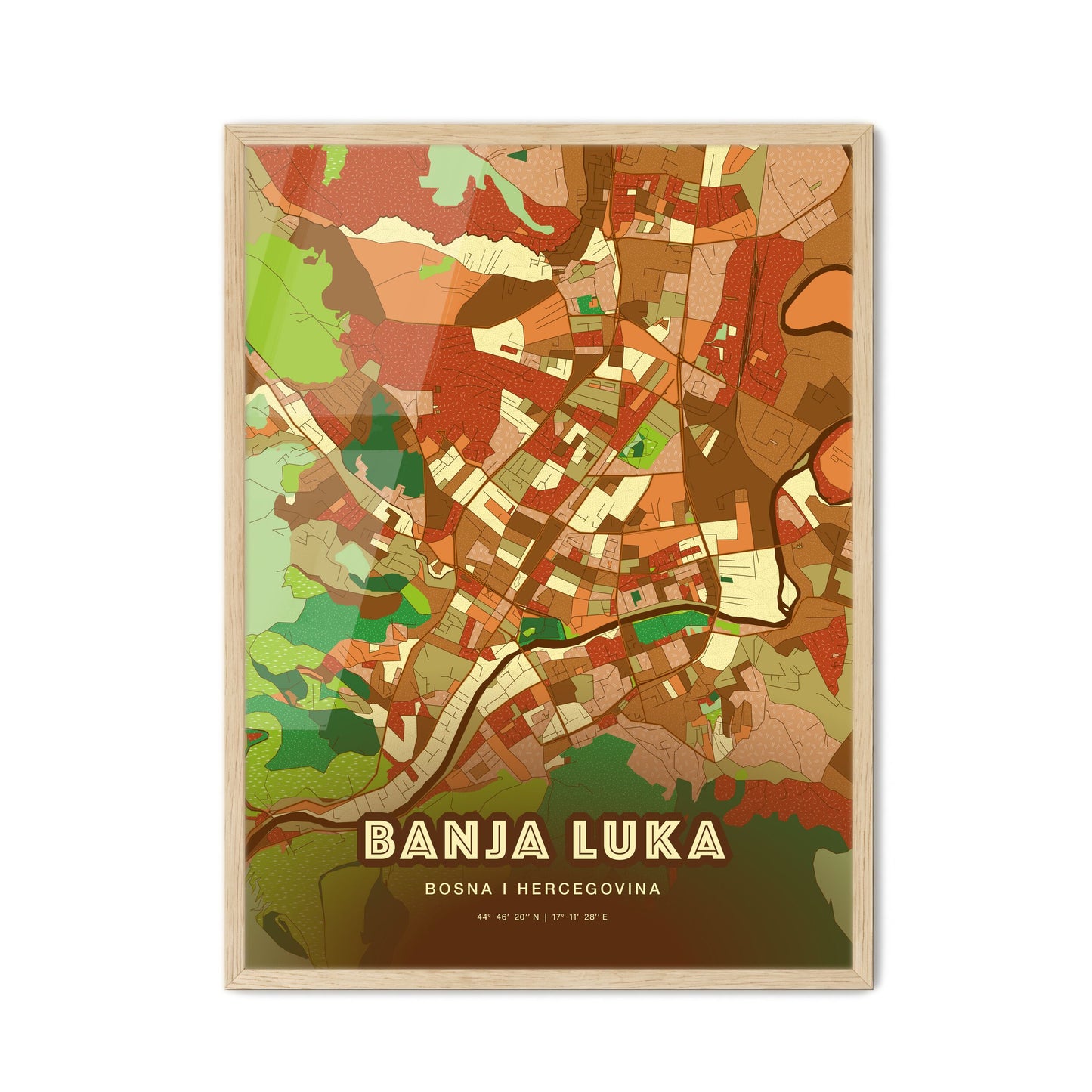 Colorful BANJA LUKA BOSNIA AND HERZEGOVINA Fine Art Map Farmhouse