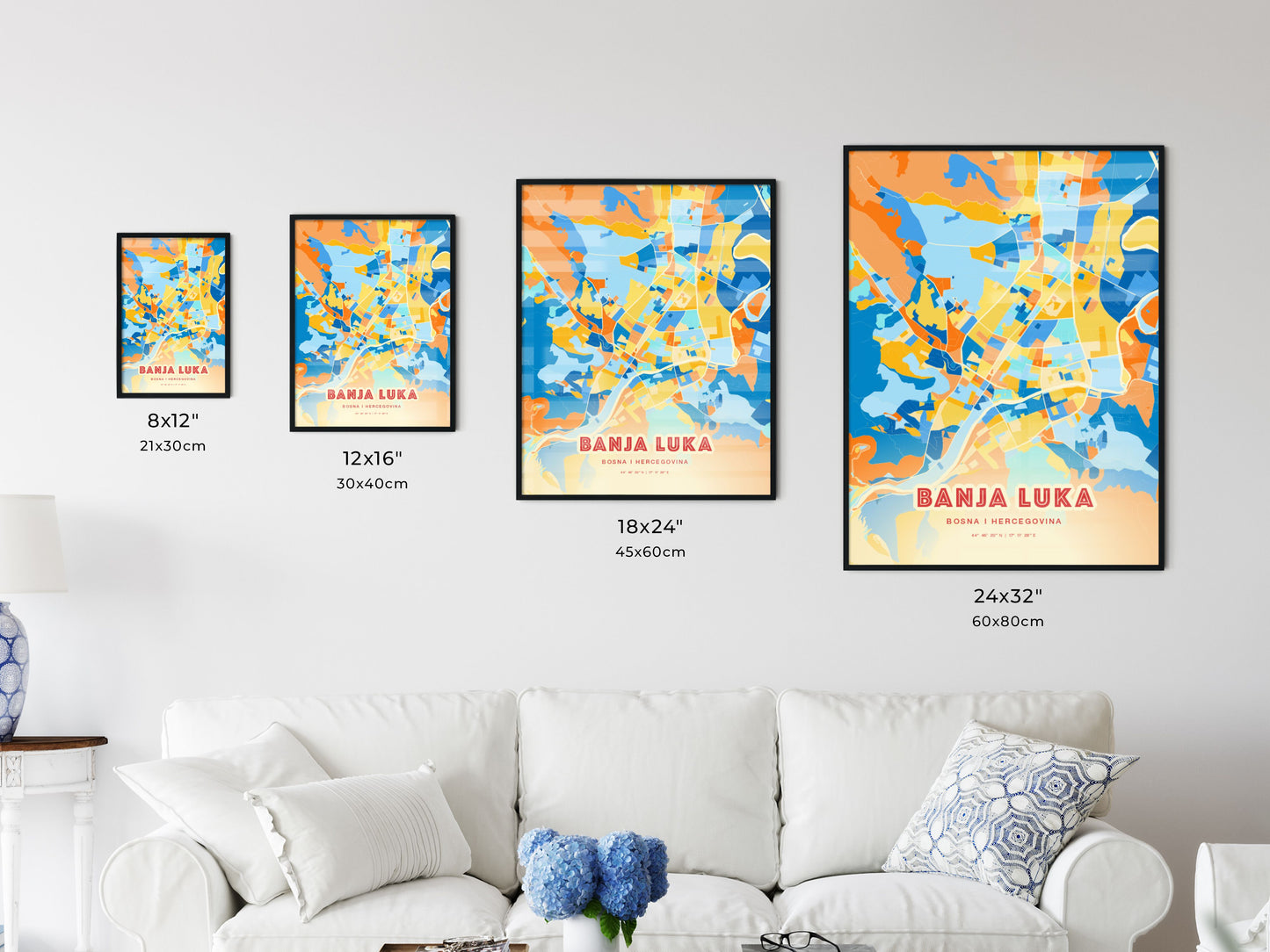 Colorful BANJA LUKA BOSNIA AND HERZEGOVINA Fine Art Map Blue Orange