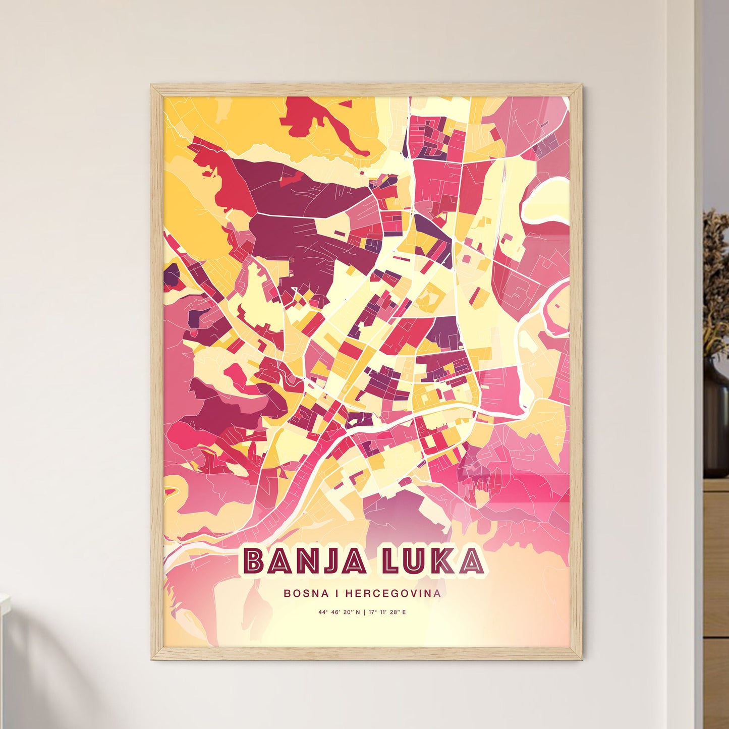 Colorful BANJA LUKA BOSNIA AND HERZEGOVINA Fine Art Map Hot Red