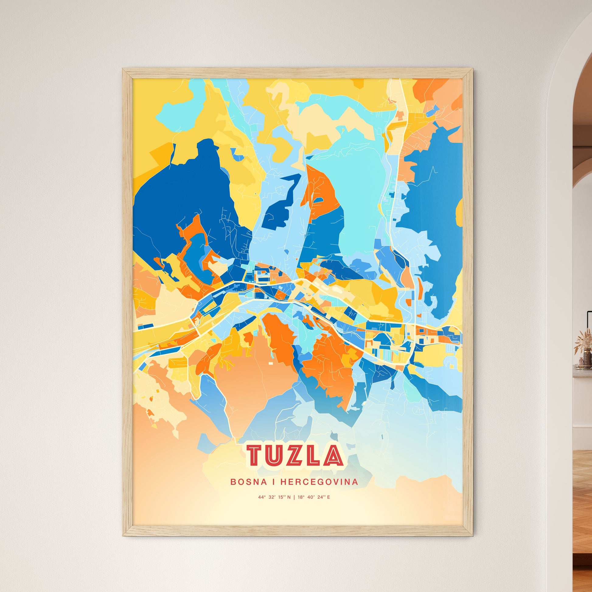 Colorful TUZLA BOSNIA AND HERZEGOVINA Fine Art Map Blue Orange