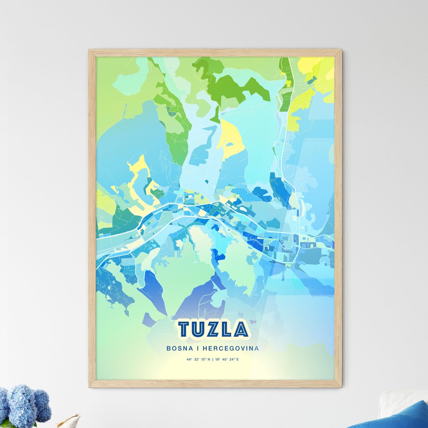 Colorful TUZLA BOSNIA AND HERZEGOVINA Fine Art Map Cool Blue