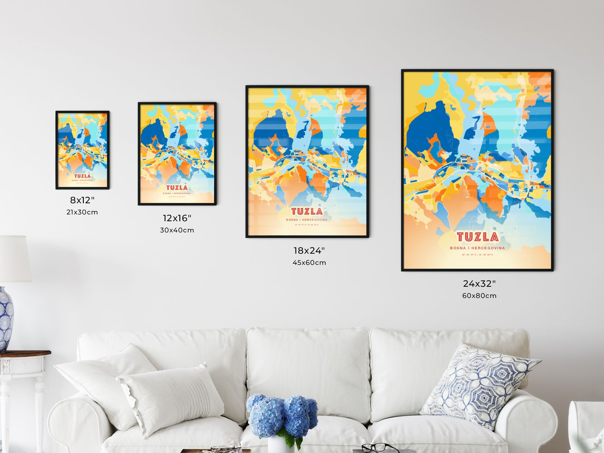 Colorful TUZLA BOSNIA AND HERZEGOVINA Fine Art Map Blue Orange