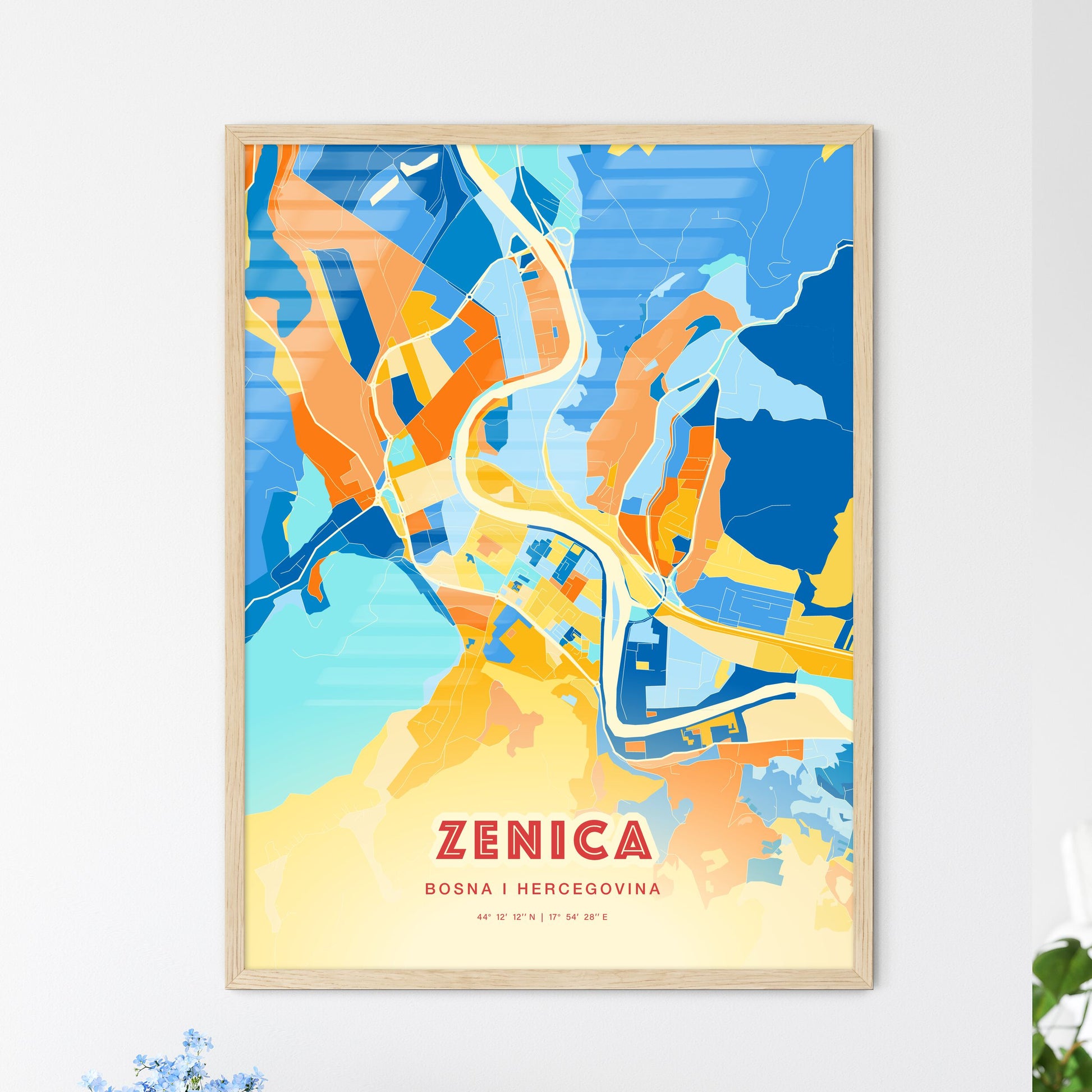 Colorful ZENICA BOSNIA AND HERZEGOVINA Fine Art Map Blue Orange