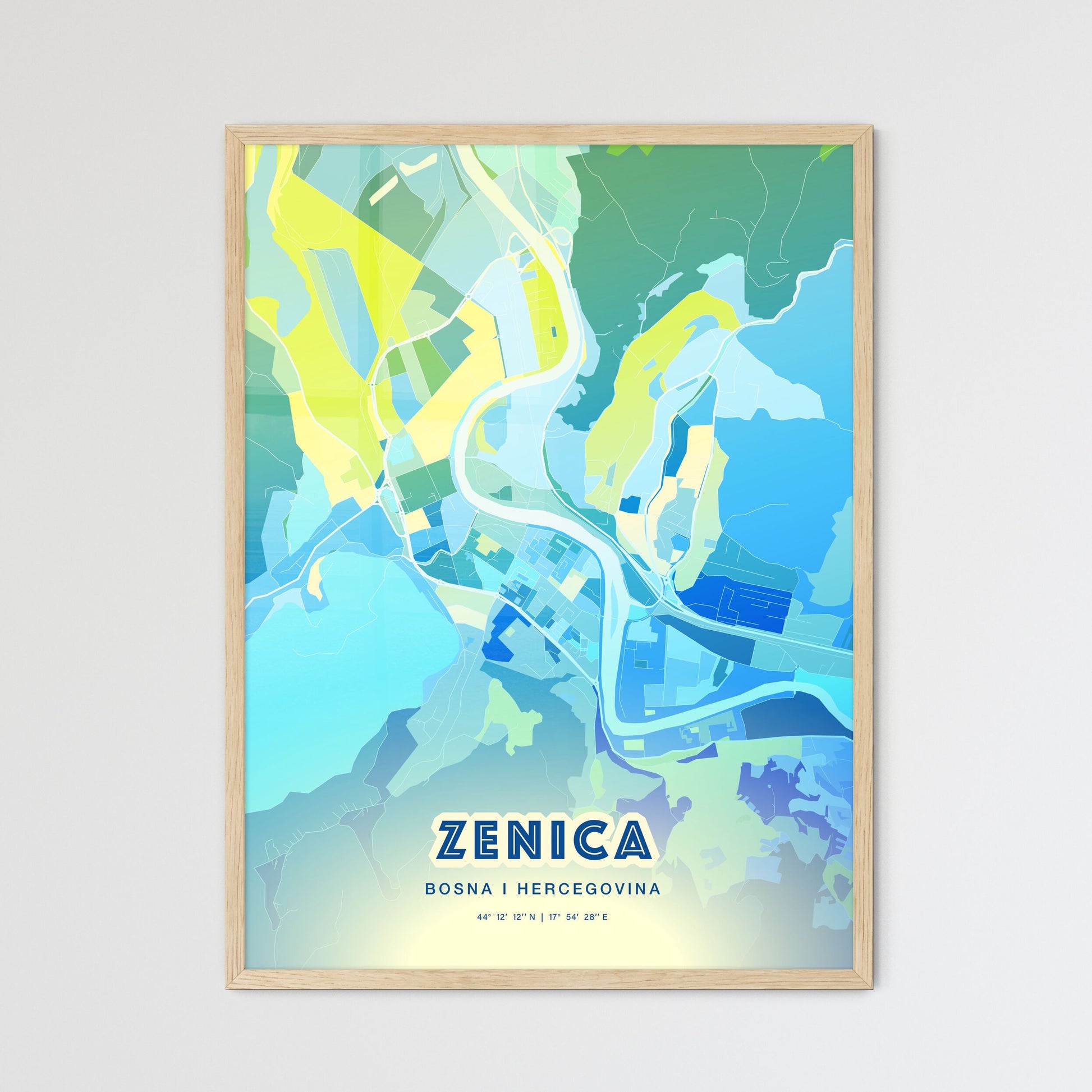 Colorful ZENICA BOSNIA AND HERZEGOVINA Fine Art Map Cool Blue