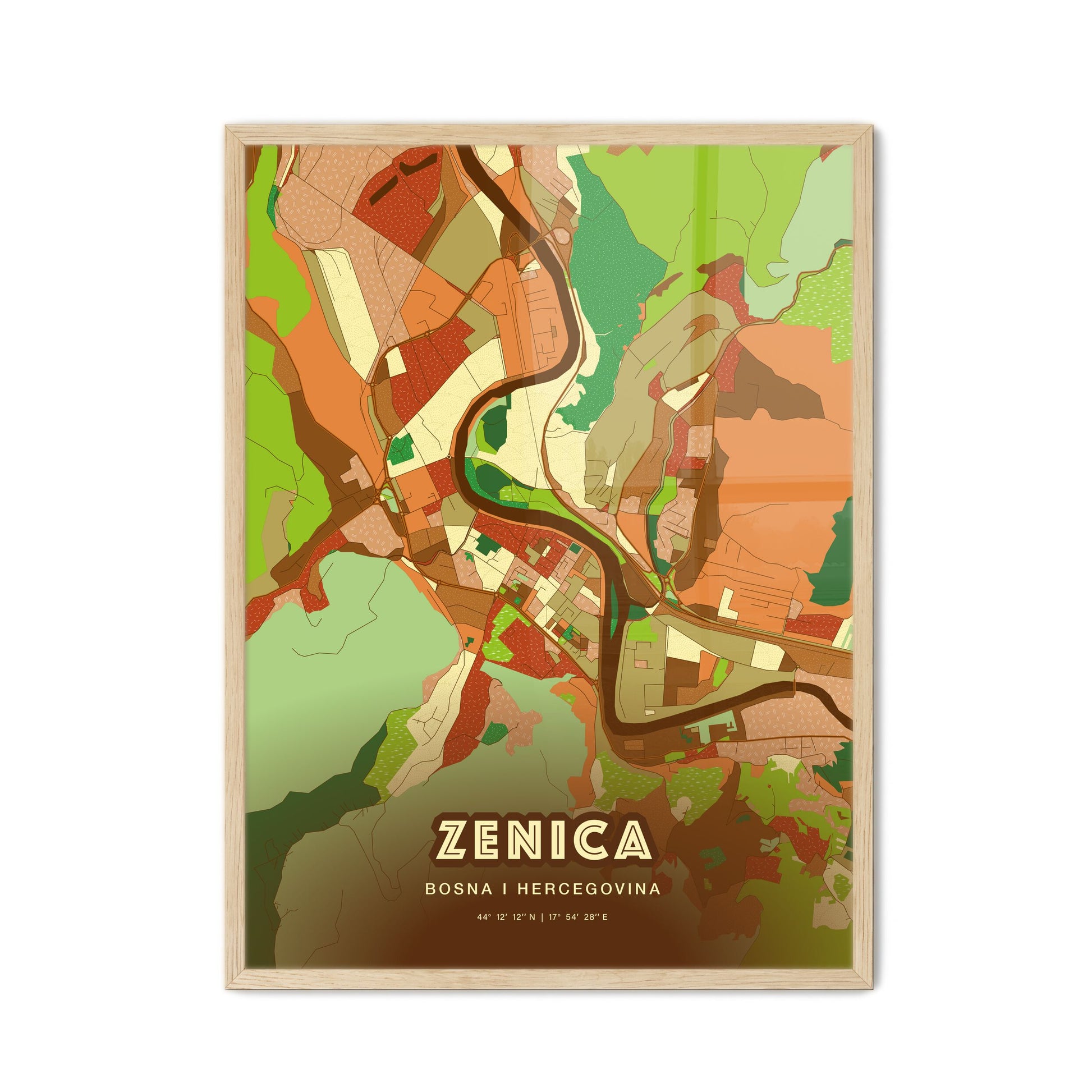 Colorful ZENICA BOSNIA AND HERZEGOVINA Fine Art Map Farmhouse