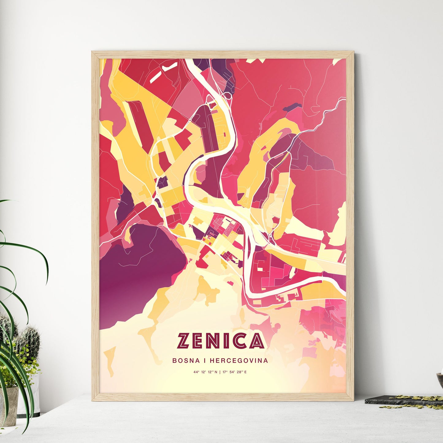 Colorful ZENICA BOSNIA AND HERZEGOVINA Fine Art Map Hot Red