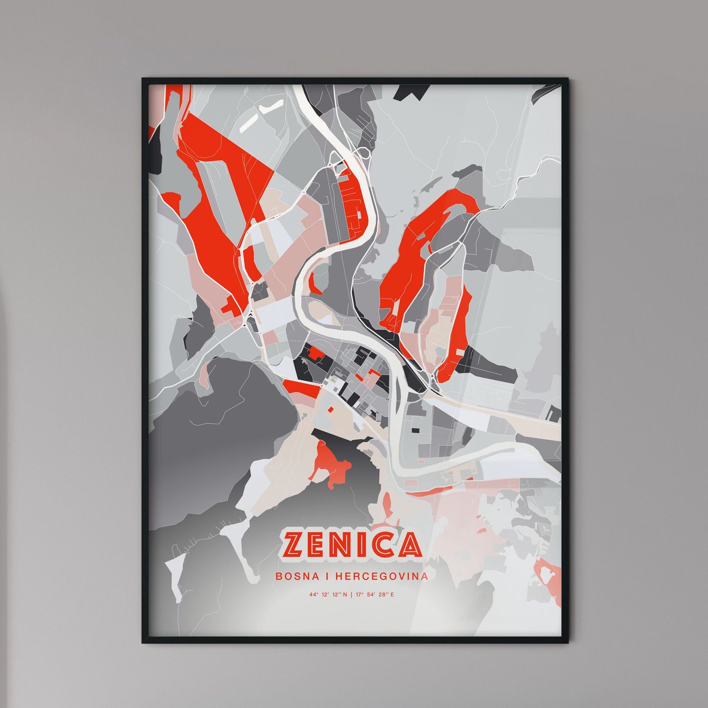 Colorful ZENICA BOSNIA AND HERZEGOVINA Fine Art Map Modern