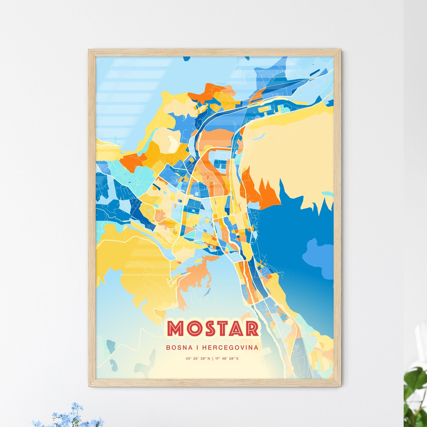 Colorful MOSTAR BOSNIA AND HERZEGOVINA Fine Art Map Blue Orange