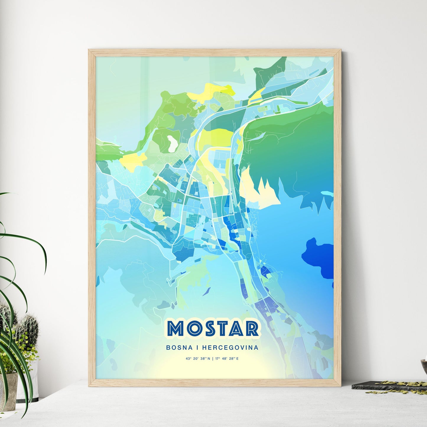 Colorful MOSTAR BOSNIA AND HERZEGOVINA Fine Art Map Cool Blue