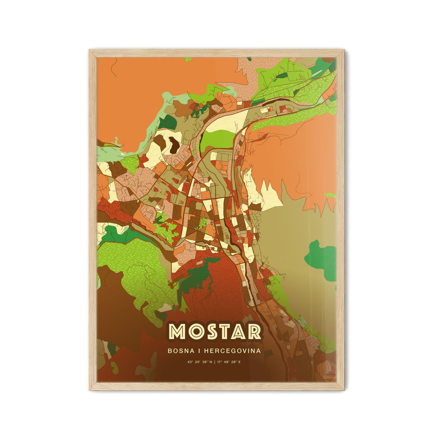 Colorful MOSTAR BOSNIA AND HERZEGOVINA Fine Art Map Farmhouse