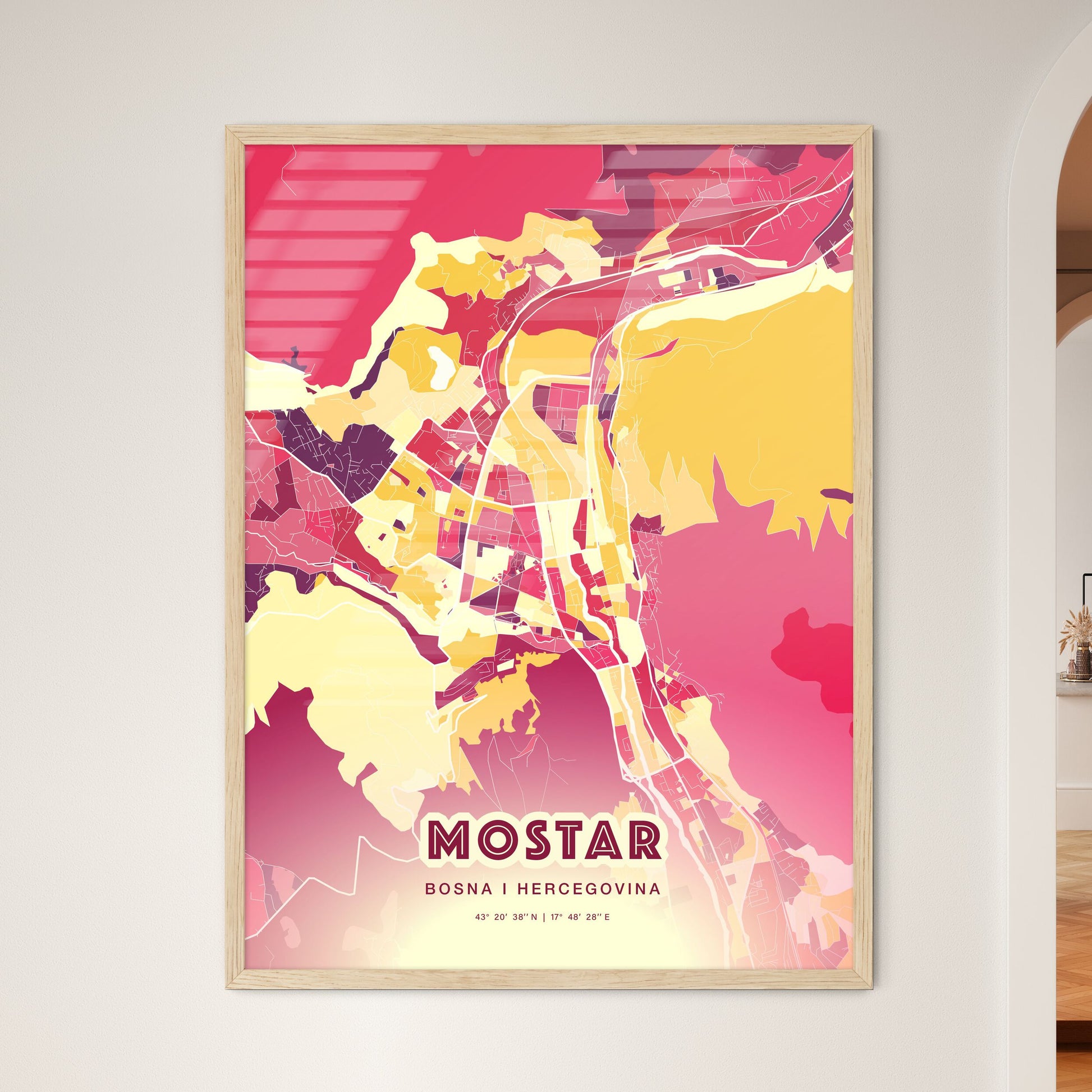 Colorful MOSTAR BOSNIA AND HERZEGOVINA Fine Art Map Hot Red