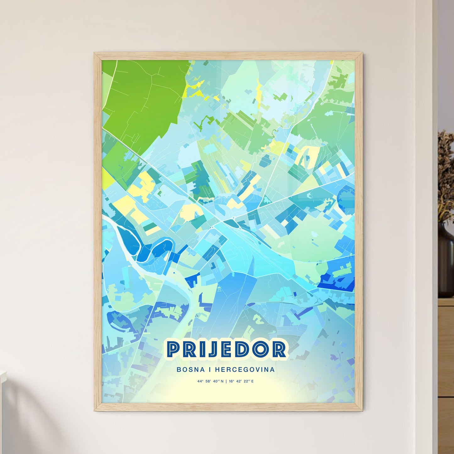 Colorful PRIJEDOR BOSNIA AND HERZEGOVINA Fine Art Map Cool Blue