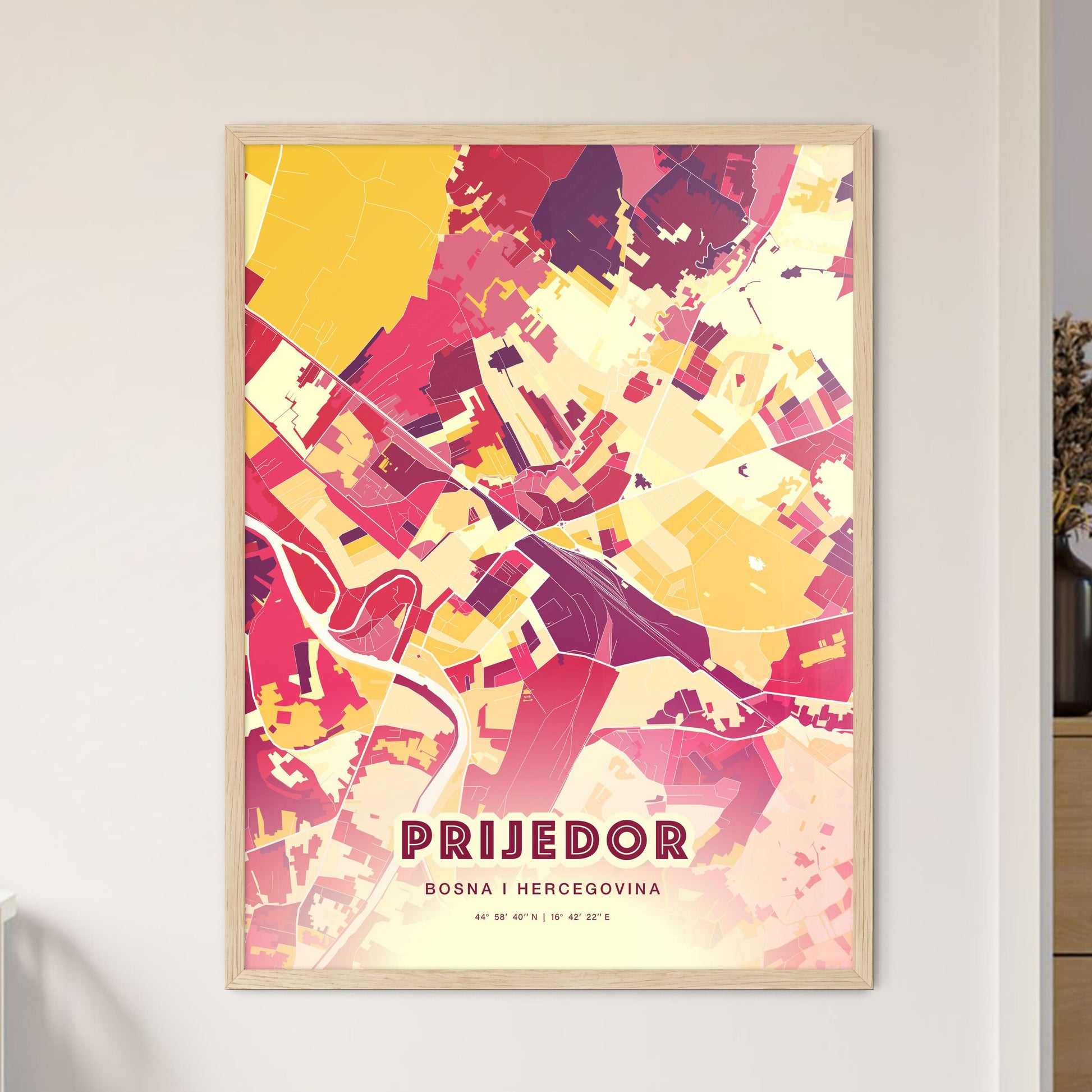 Colorful PRIJEDOR BOSNIA AND HERZEGOVINA Fine Art Map Hot Red