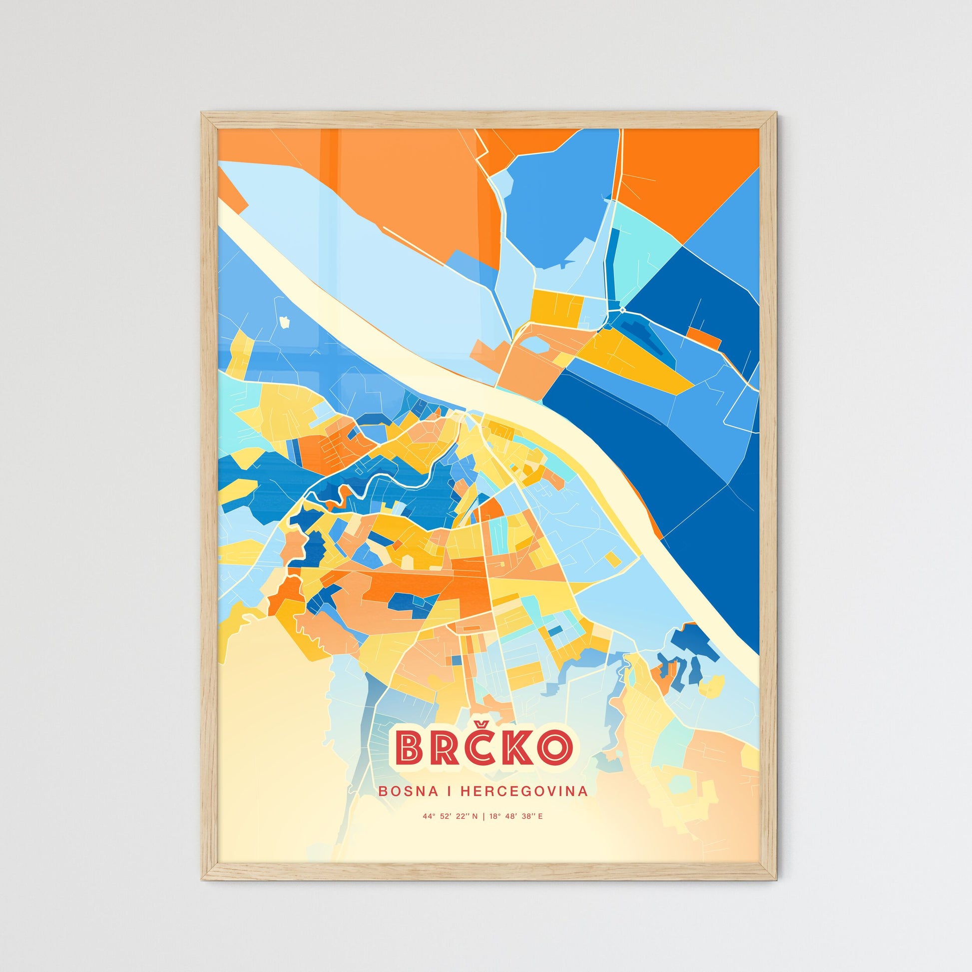 Colorful BRČKO BOSNIA AND HERZEGOVINA Fine Art Map Blue Orange