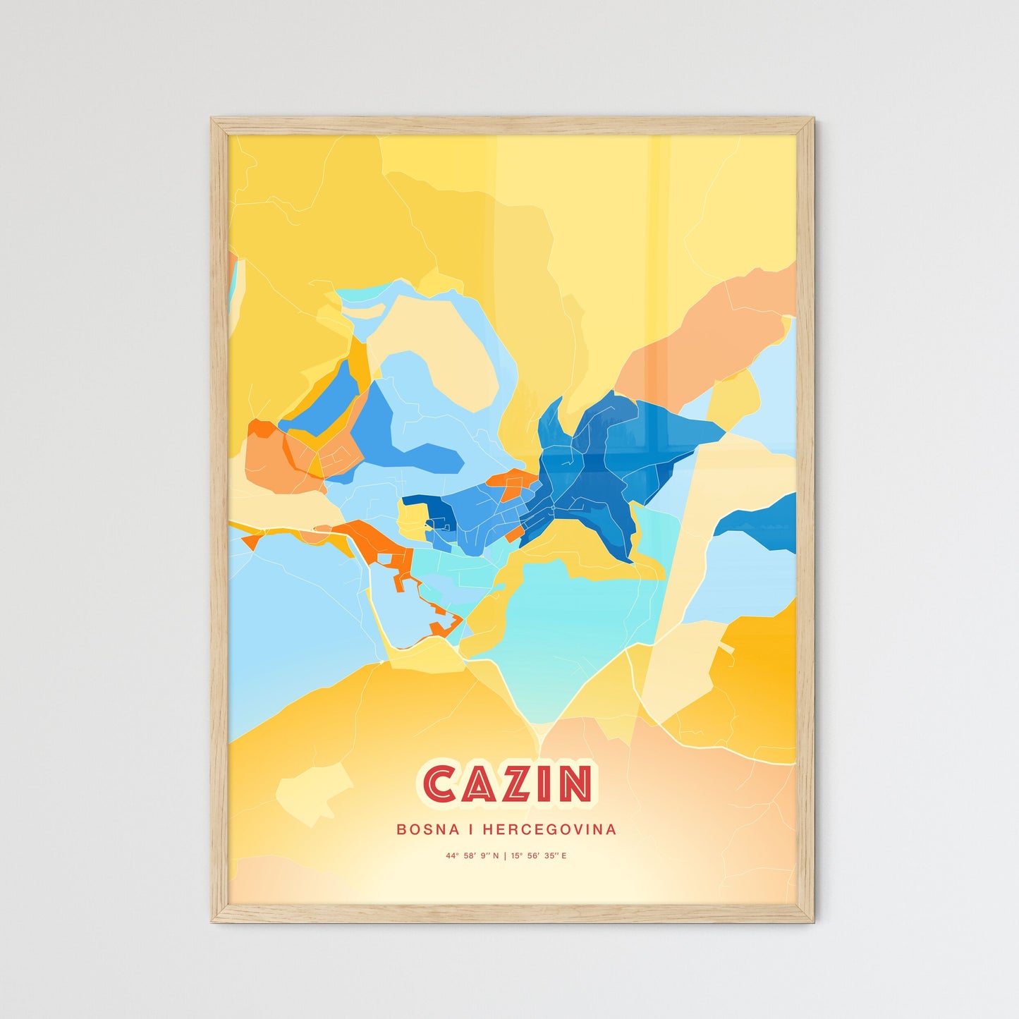 Colorful CAZIN BOSNIA AND HERZEGOVINA Fine Art Map Blue Orange