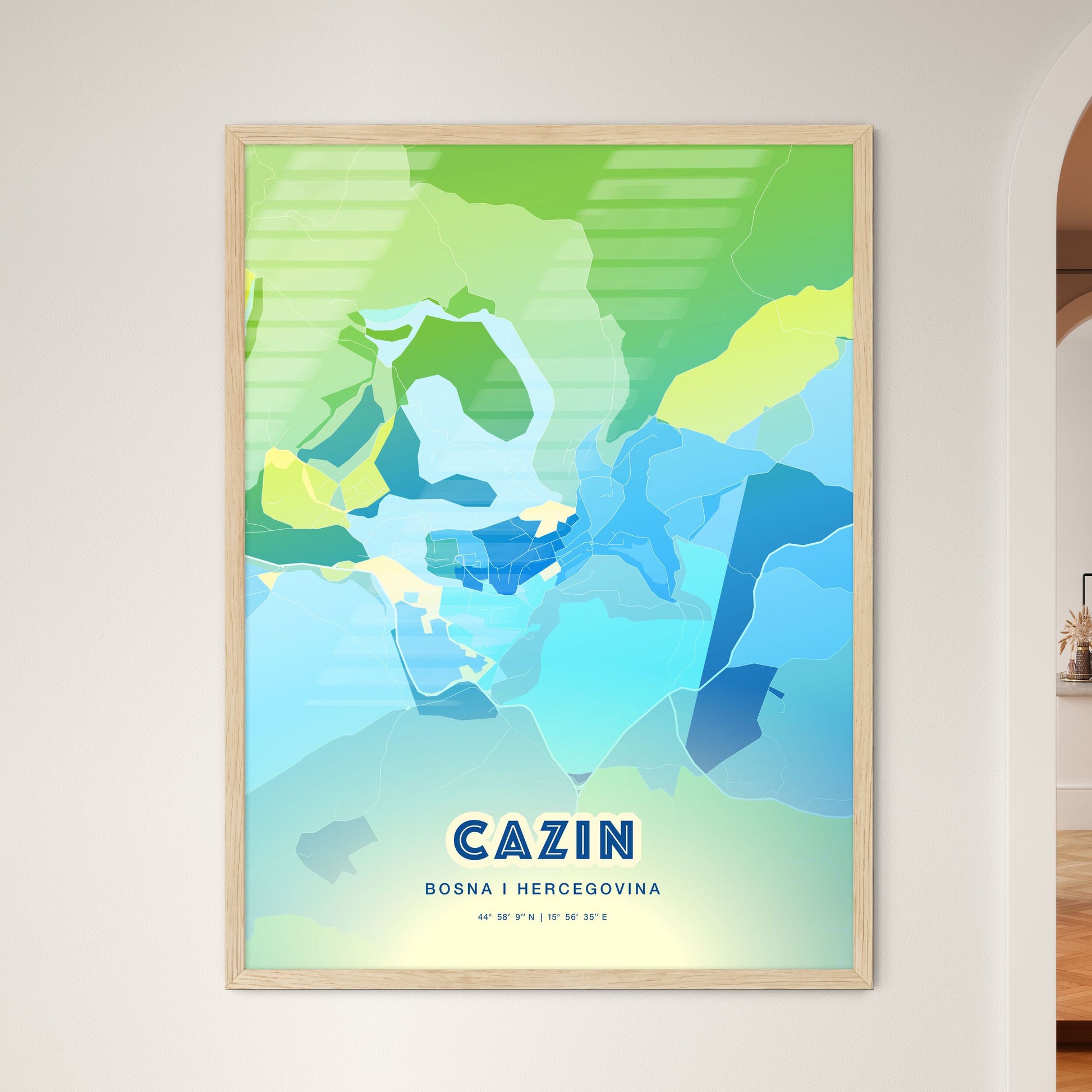 Colorful CAZIN BOSNIA AND HERZEGOVINA Fine Art Map Cool Blue