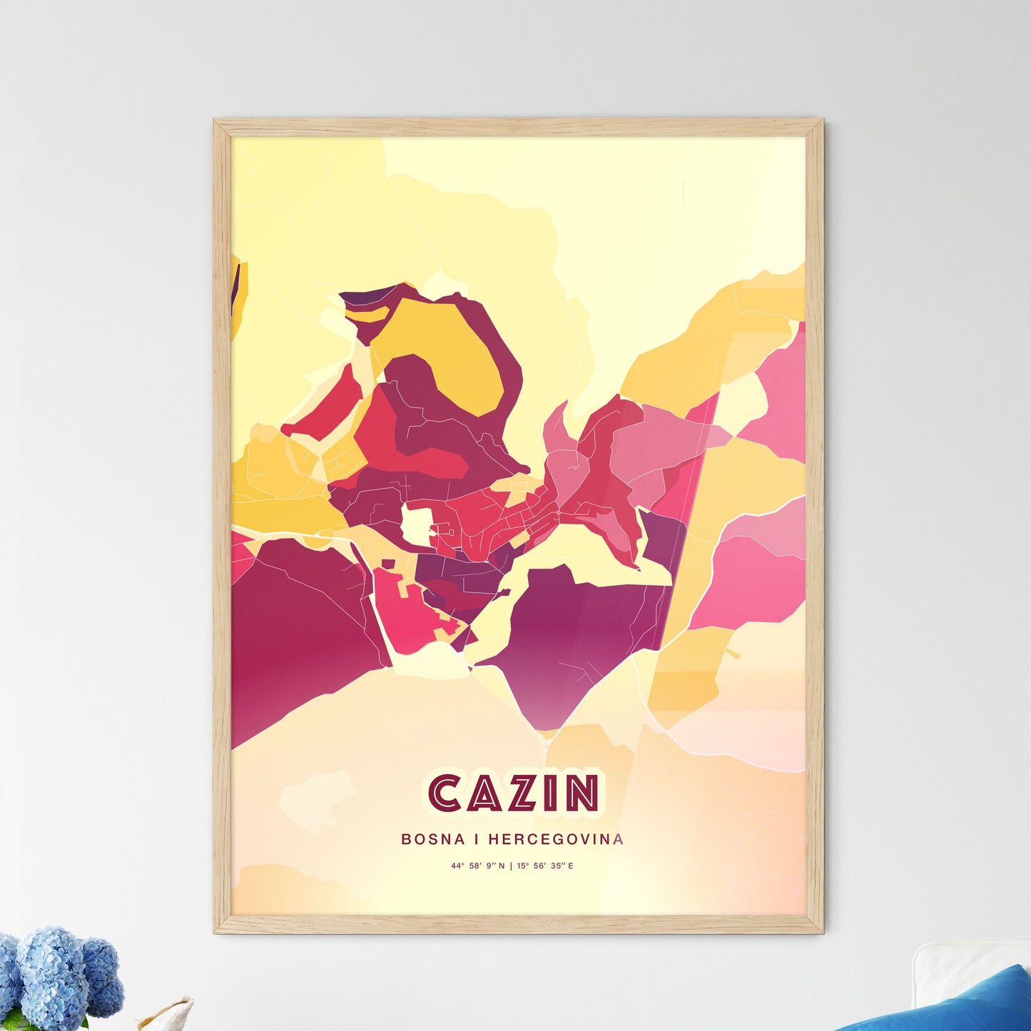 Colorful CAZIN BOSNIA AND HERZEGOVINA Fine Art Map Hot Red