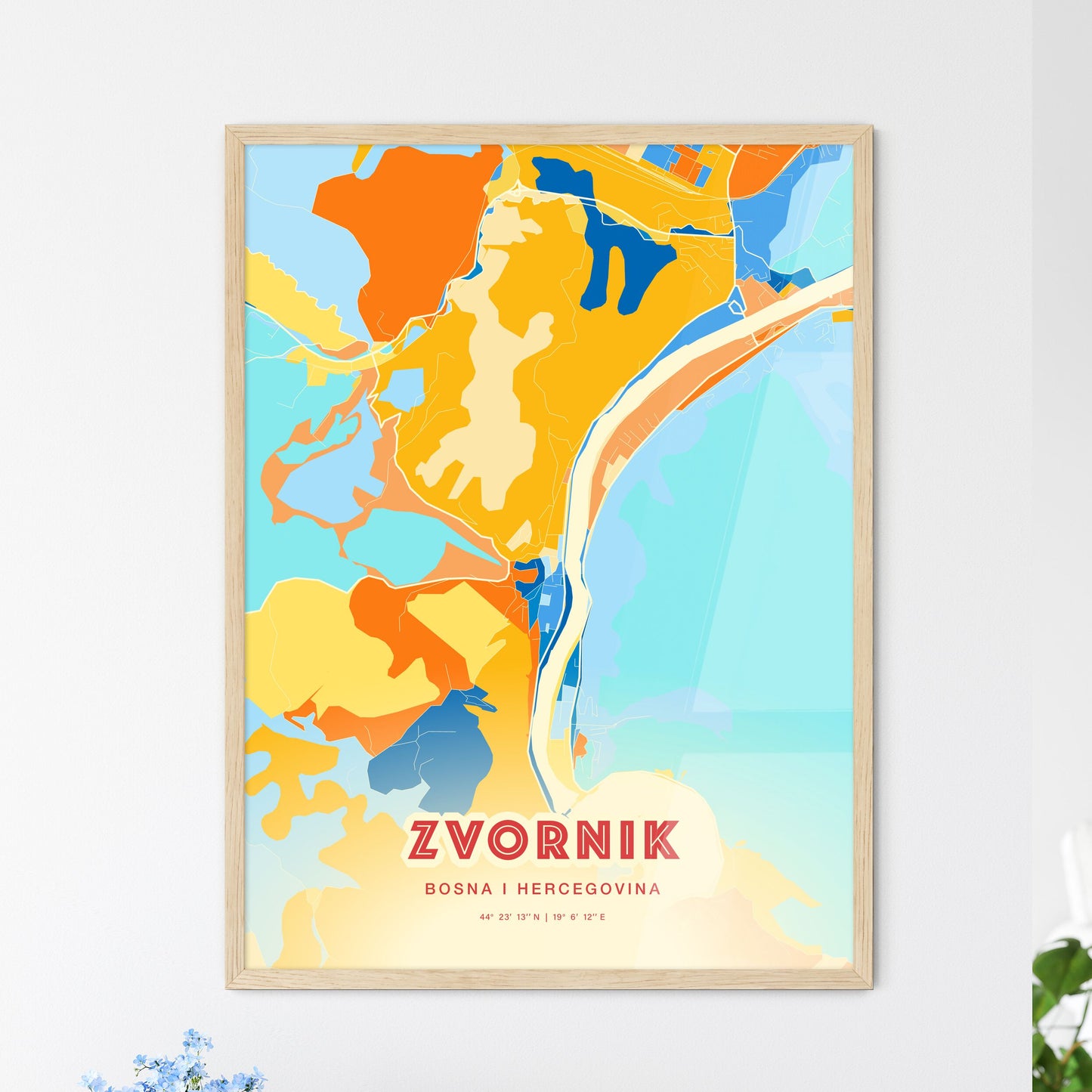 Colorful ZVORNIK BOSNIA AND HERZEGOVINA Fine Art Map Blue Orange