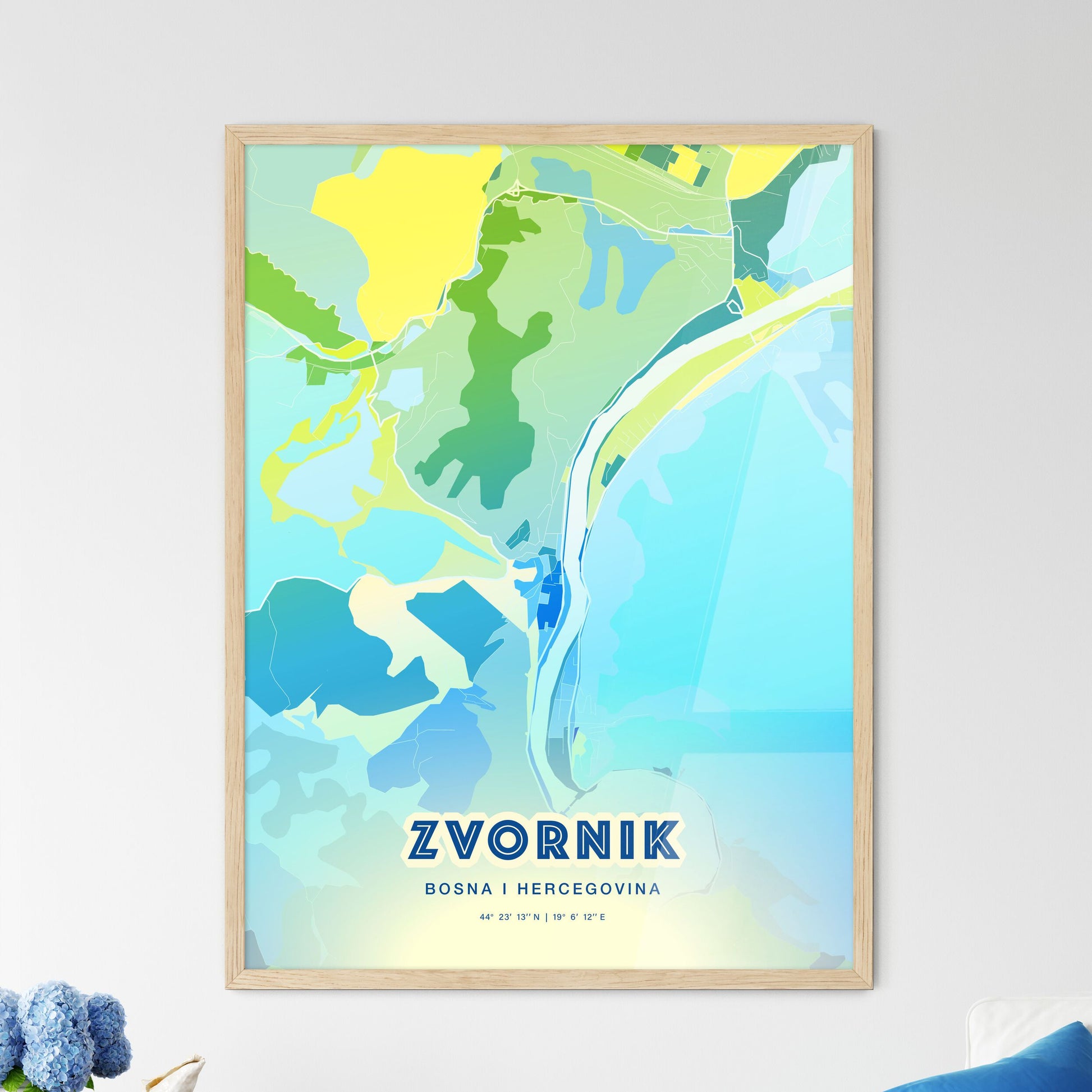 Colorful ZVORNIK BOSNIA AND HERZEGOVINA Fine Art Map Cool Blue