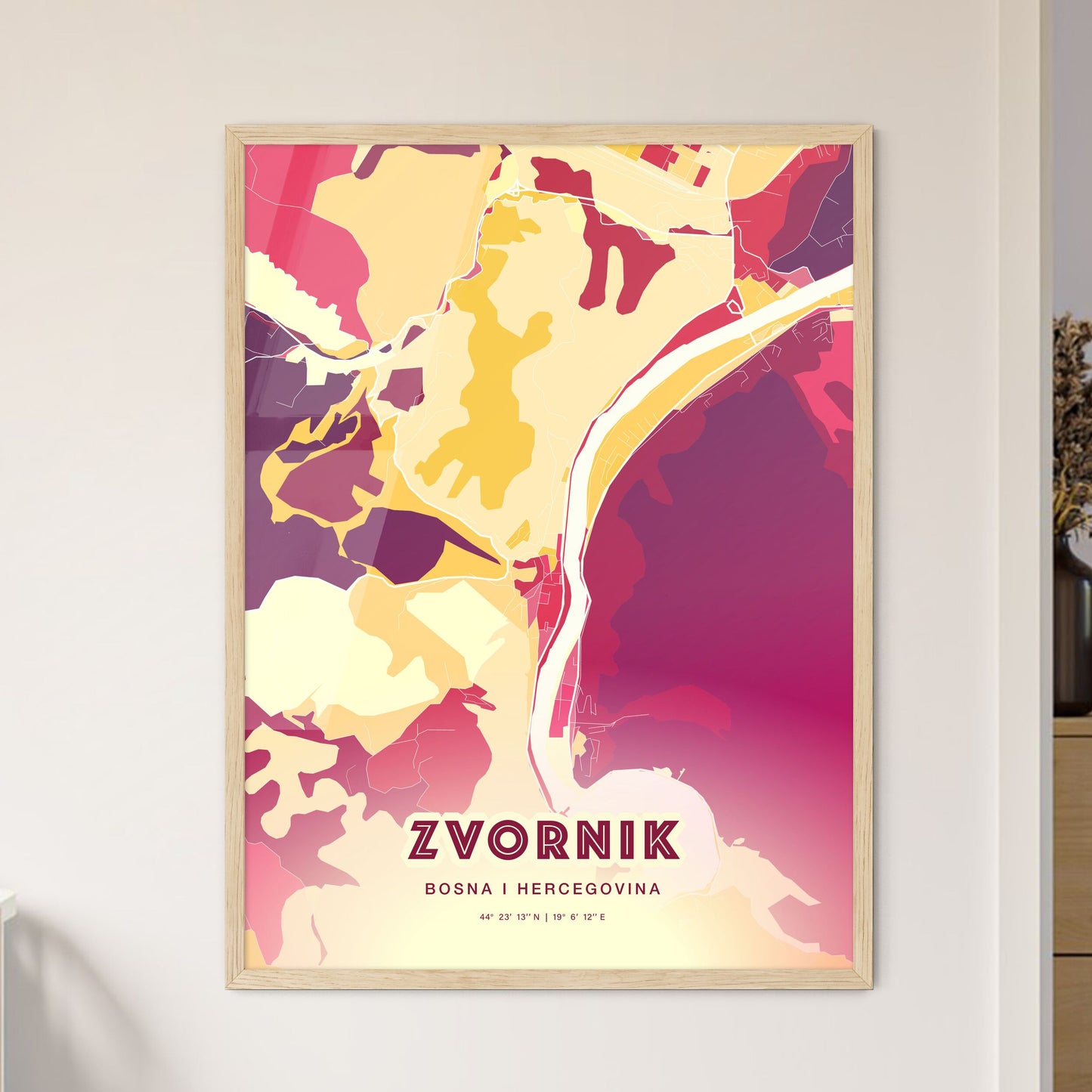 Colorful ZVORNIK BOSNIA AND HERZEGOVINA Fine Art Map Hot Red