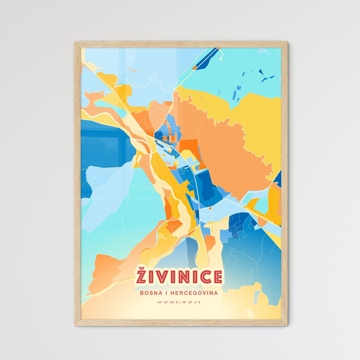 Colorful ŽIVINICE BOSNIA AND HERZEGOVINA Fine Art Map Blue Orange