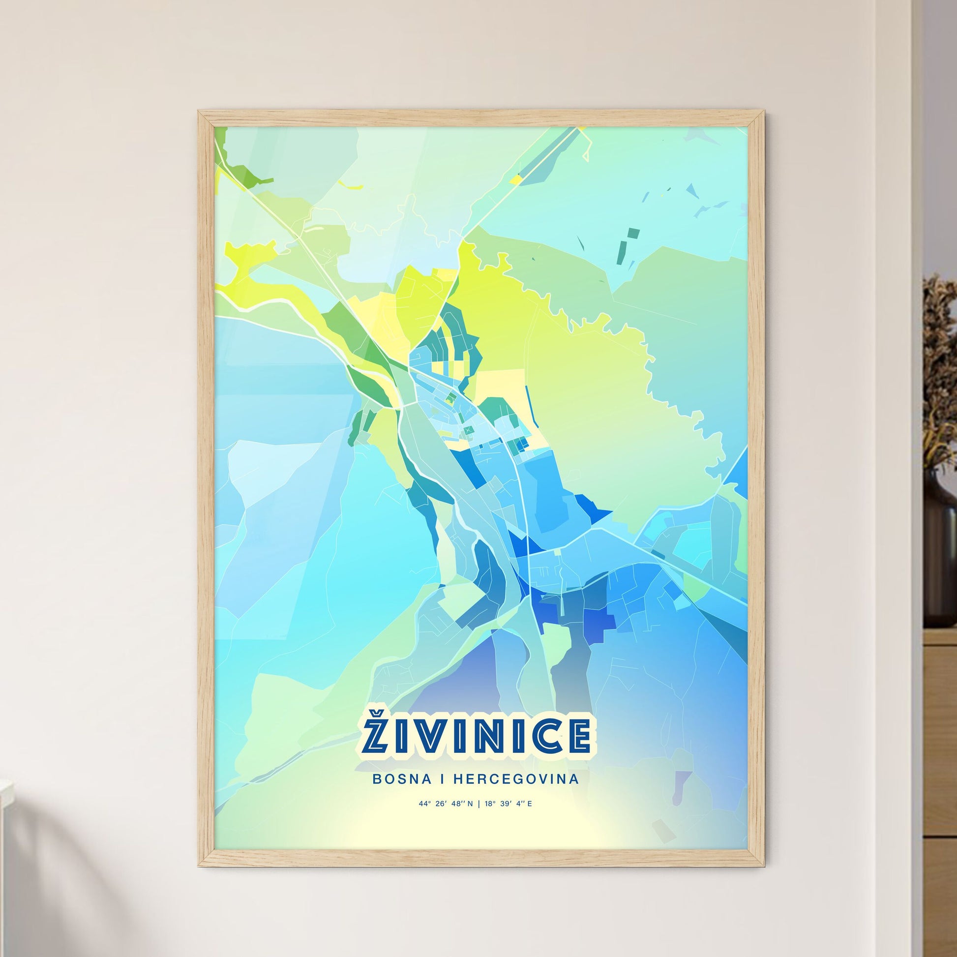 Colorful ŽIVINICE BOSNIA AND HERZEGOVINA Fine Art Map Cool Blue