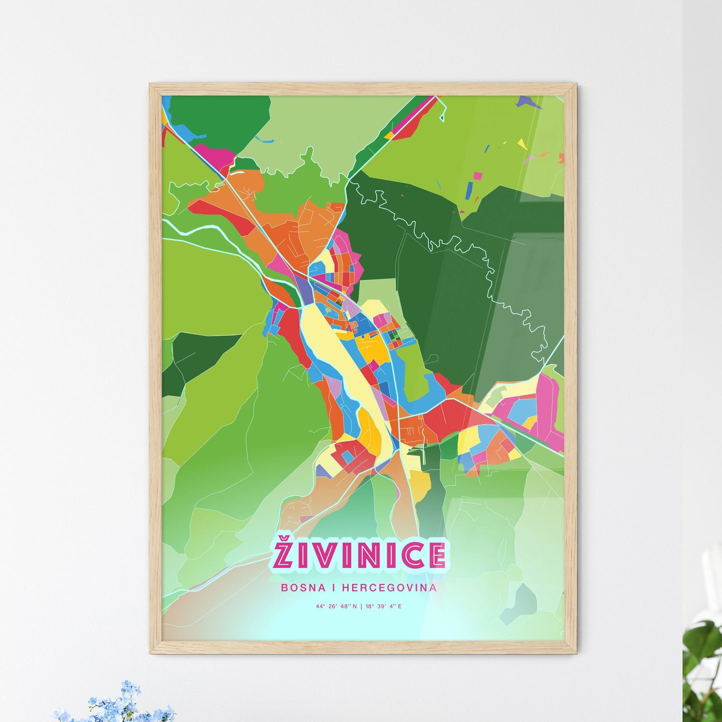 Colorful ŽIVINICE BOSNIA AND HERZEGOVINA Fine Art Map Crazy Colors