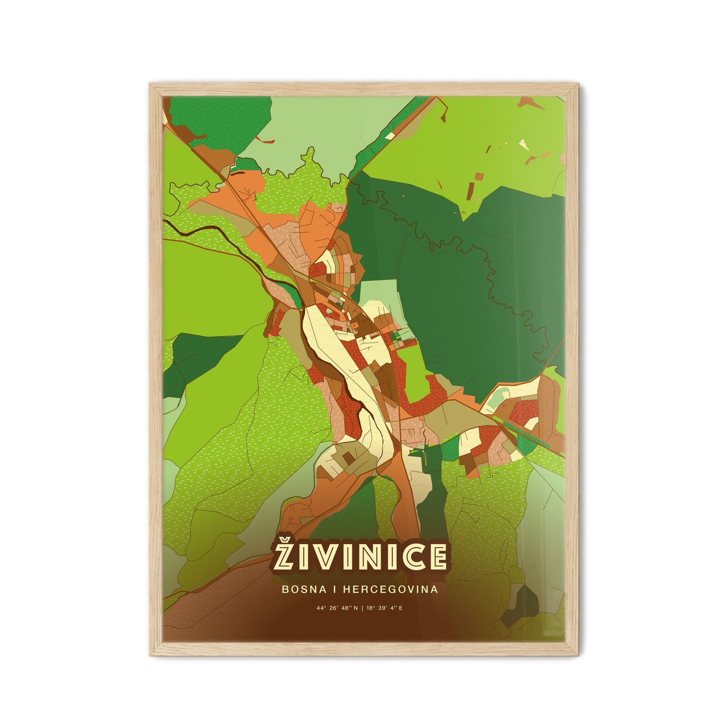 Colorful ŽIVINICE BOSNIA AND HERZEGOVINA Fine Art Map Farmhouse