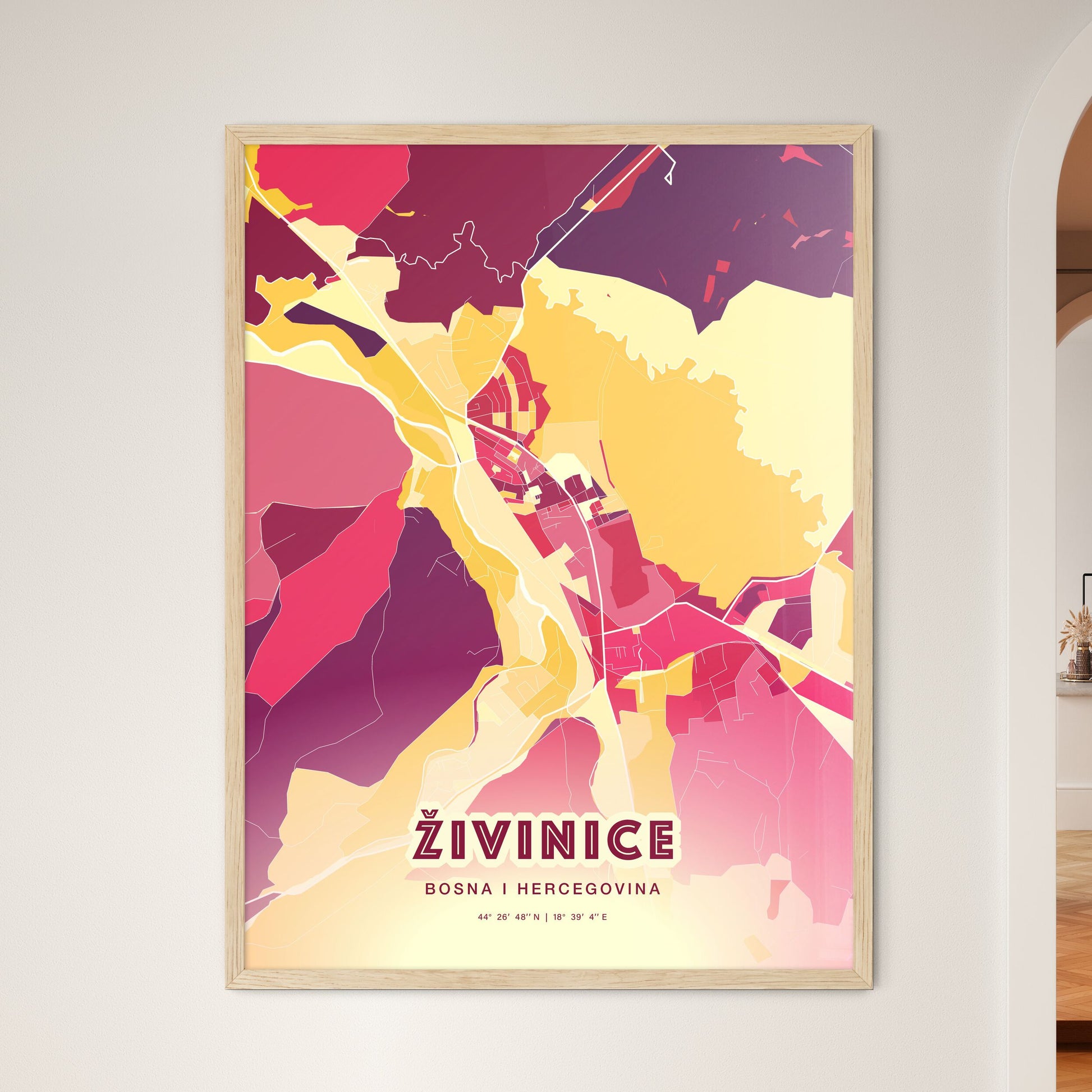 Colorful ŽIVINICE BOSNIA AND HERZEGOVINA Fine Art Map Hot Red