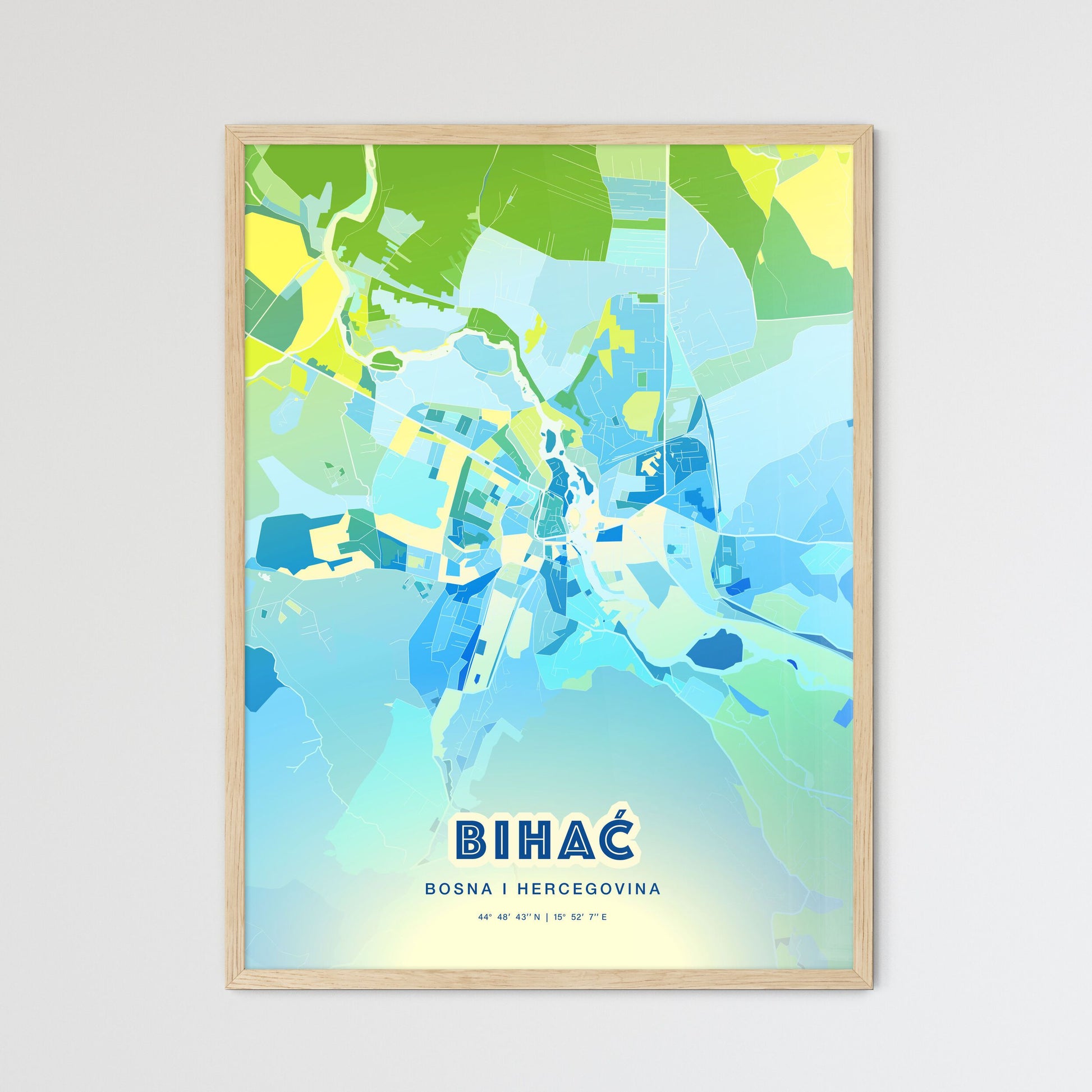 Colorful BIHAĆ BOSNIA AND HERZEGOVINA Fine Art Map Cool Blue