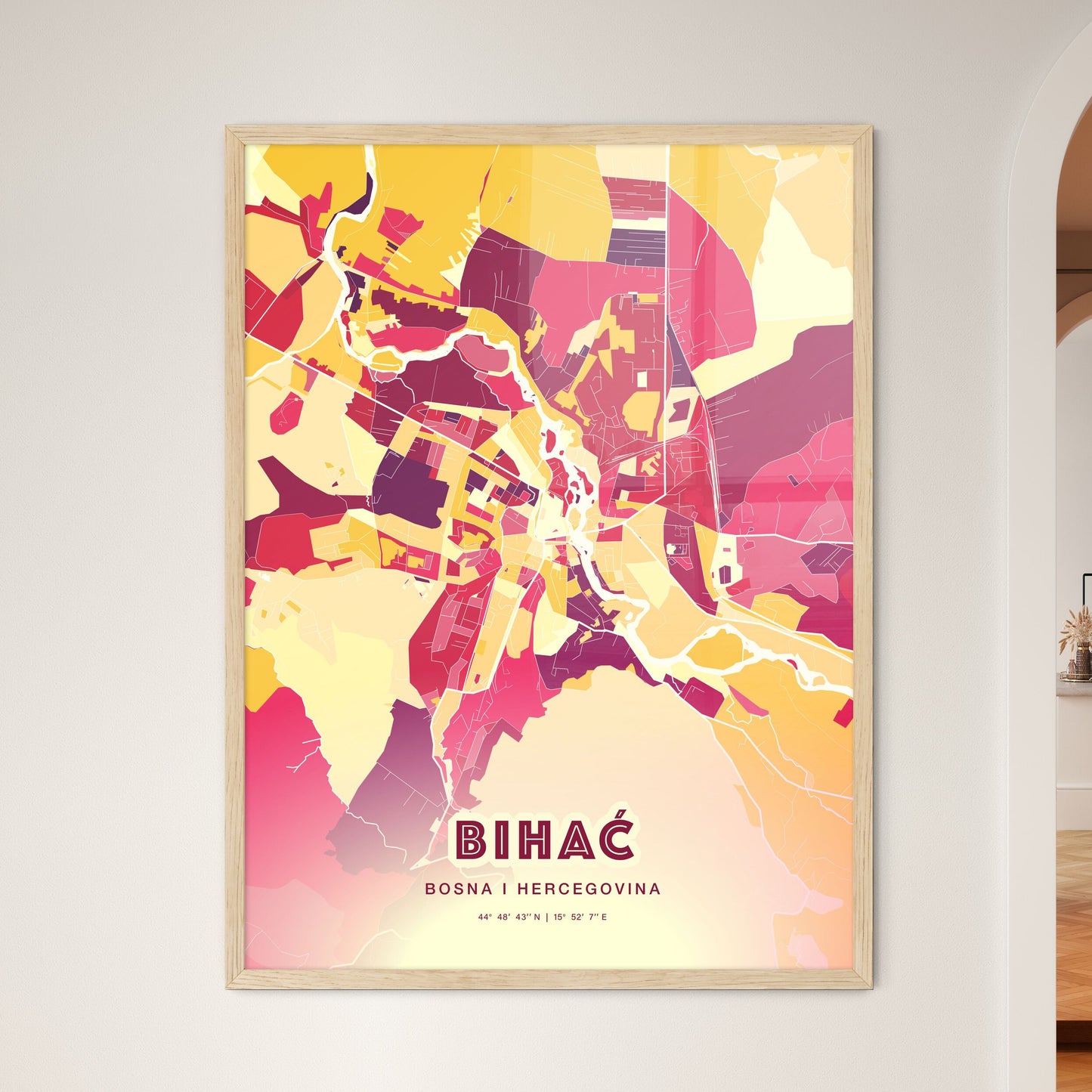 Colorful BIHAĆ BOSNIA AND HERZEGOVINA Fine Art Map Hot Red