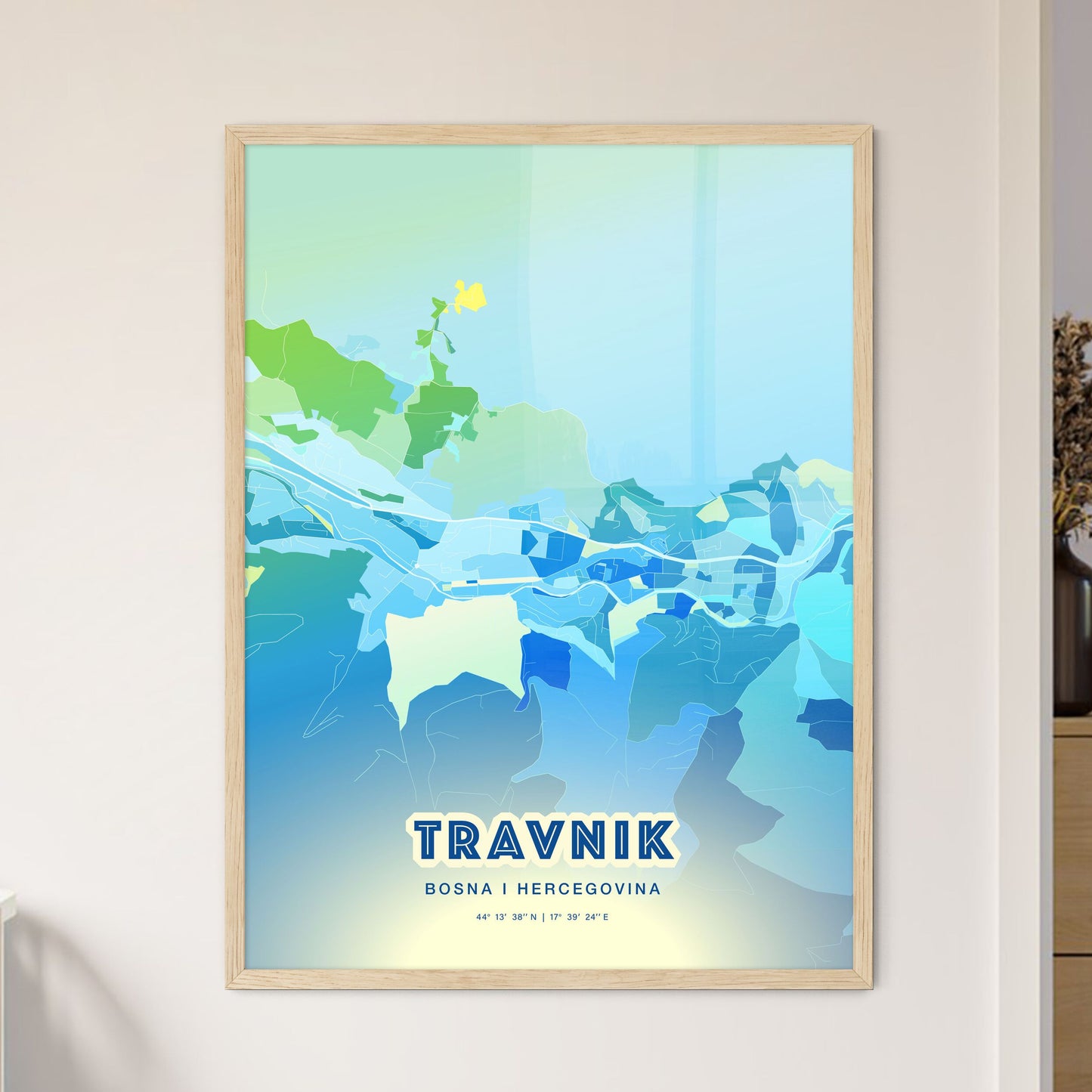 Colorful TRAVNIK BOSNIA AND HERZEGOVINA Fine Art Map Cool Blue