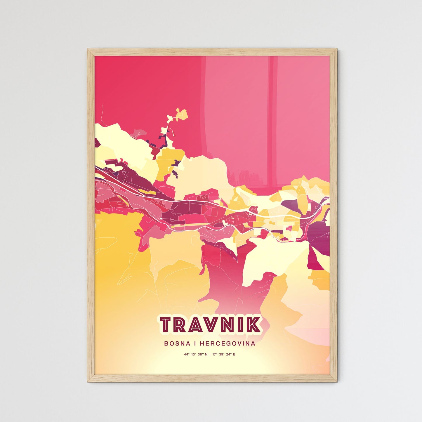 Colorful TRAVNIK BOSNIA AND HERZEGOVINA Fine Art Map Hot Red