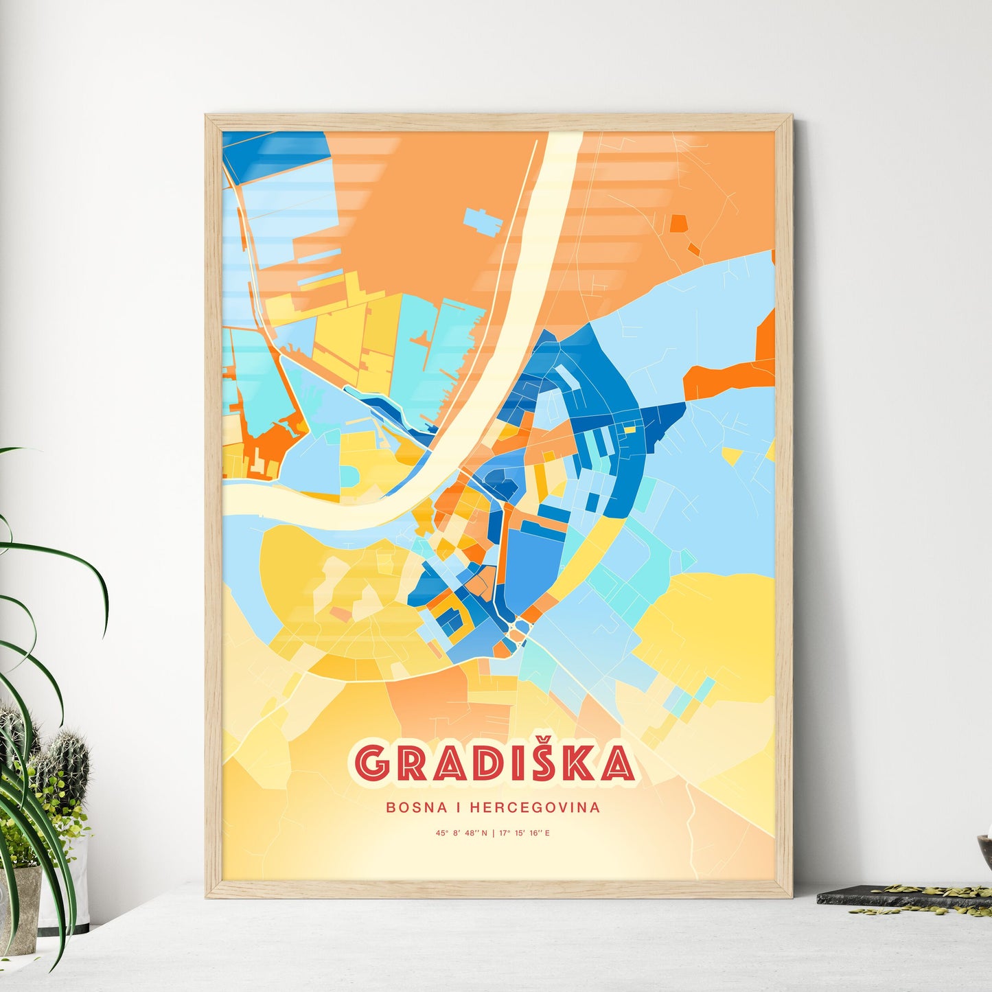 Colorful GRADIŠKA BOSNIA AND HERZEGOVINA Fine Art Map Blue Orange