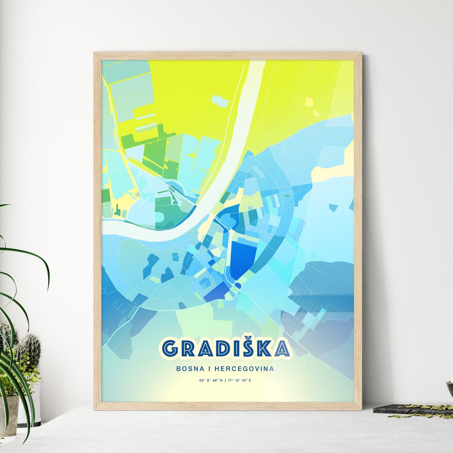 Colorful GRADIŠKA BOSNIA AND HERZEGOVINA Fine Art Map Cool Blue