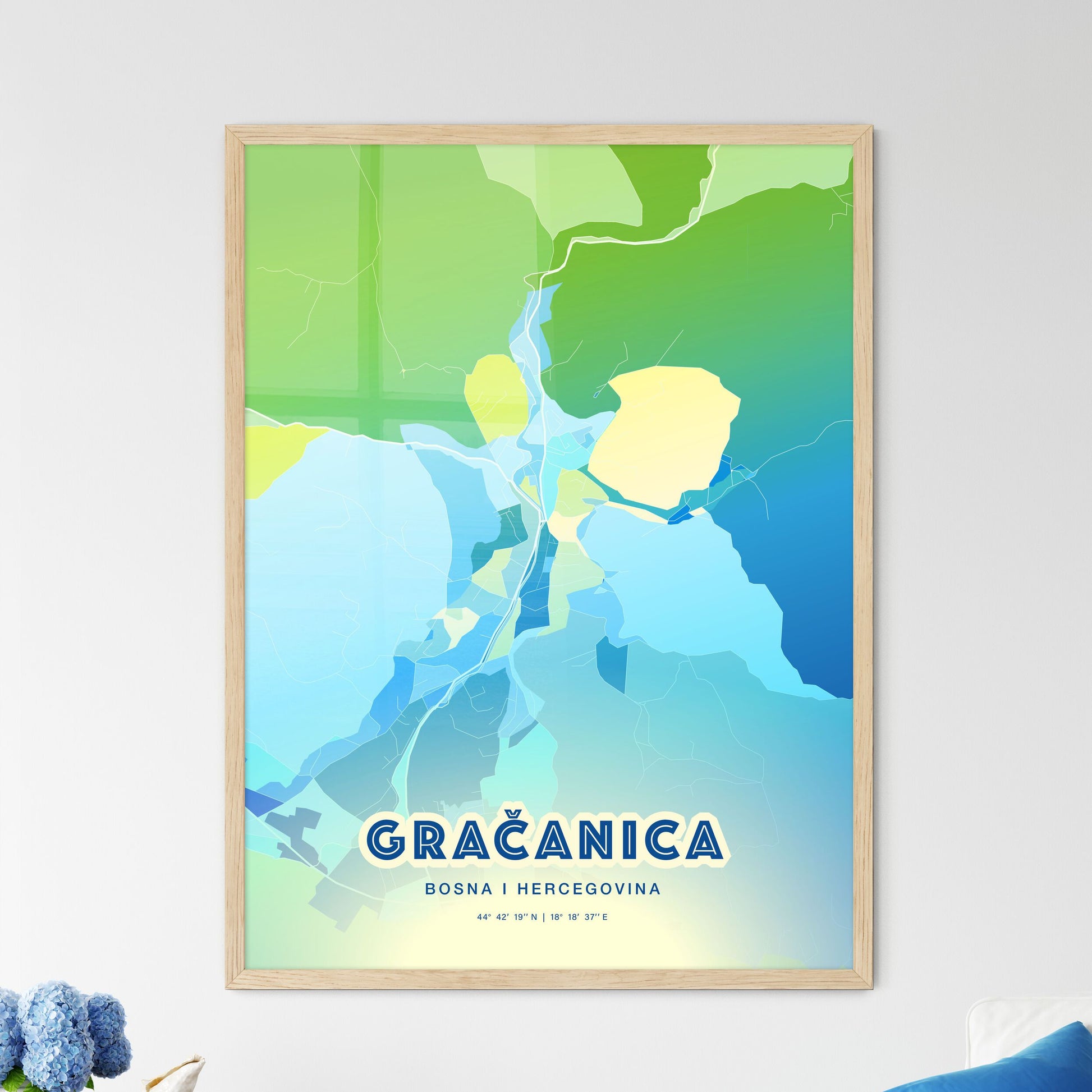 Colorful GRAČANICA BOSNIA AND HERZEGOVINA Fine Art Map Cool Blue