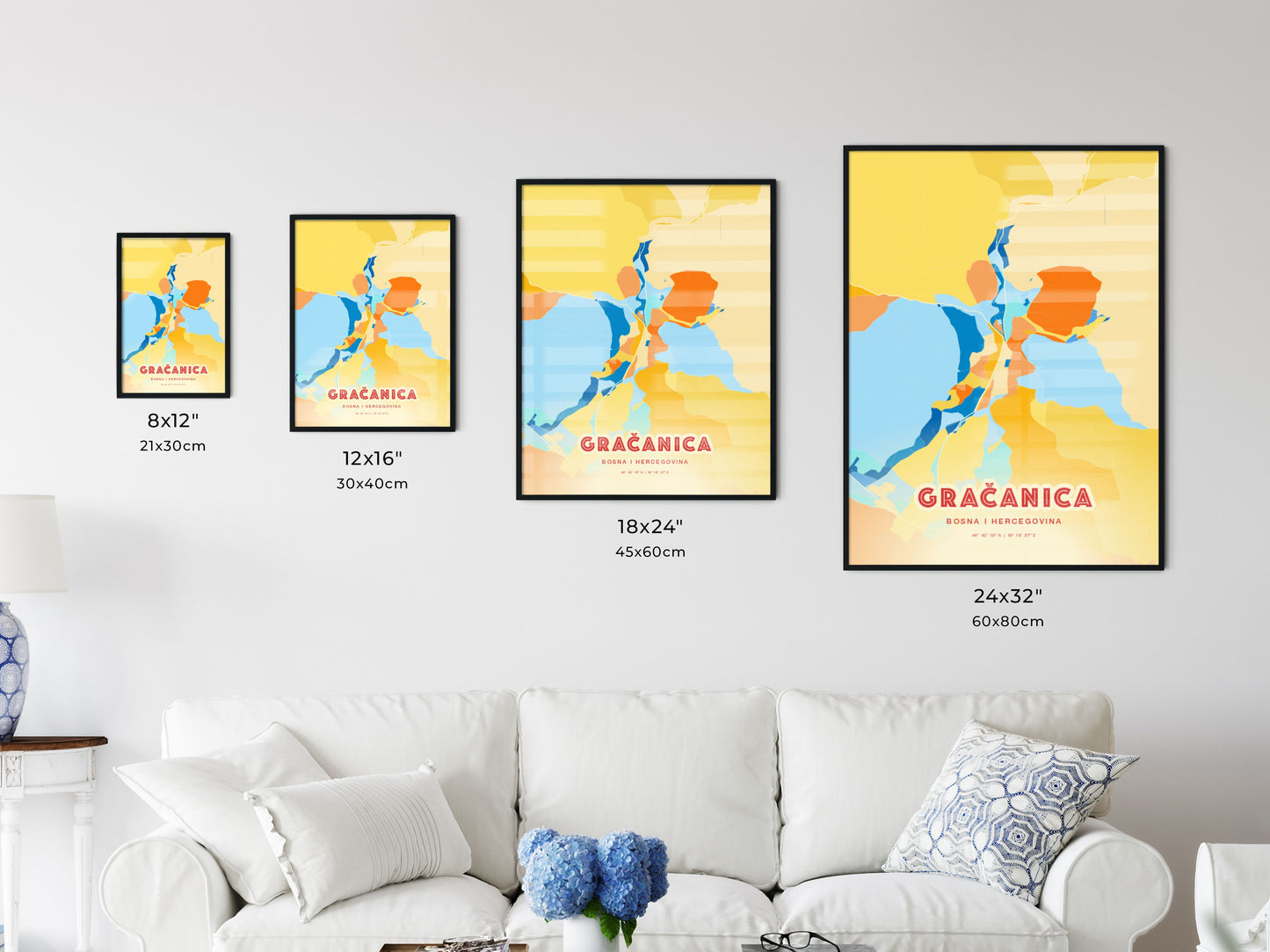 Colorful GRAČANICA BOSNIA AND HERZEGOVINA Fine Art Map Blue Orange