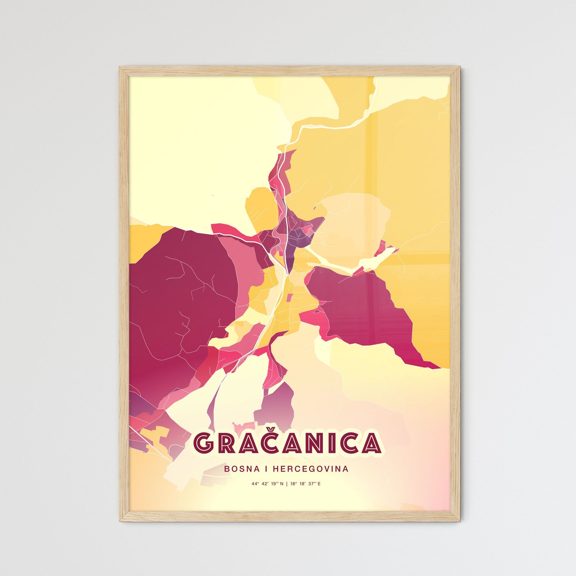 Colorful GRAČANICA BOSNIA AND HERZEGOVINA Fine Art Map Hot Red