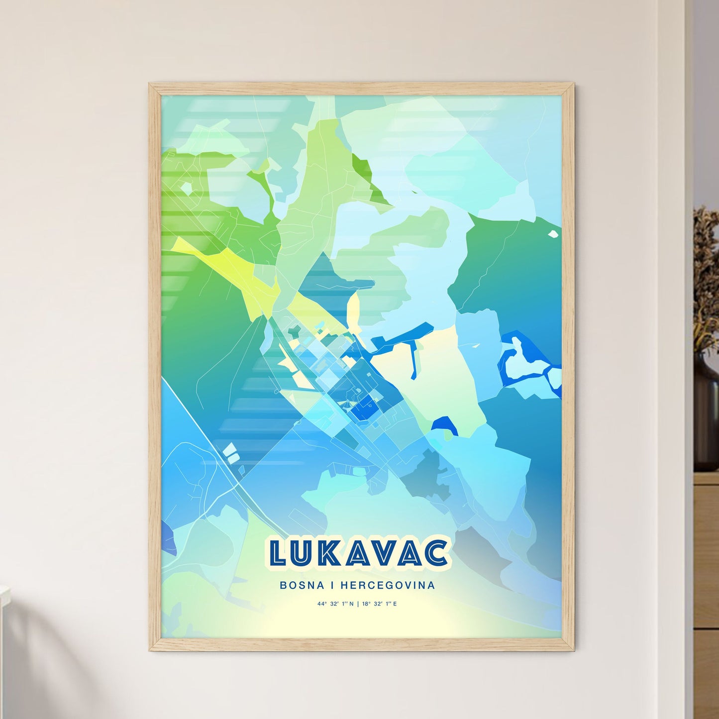 Colorful LUKAVAC BOSNIA AND HERZEGOVINA Fine Art Map Cool Blue