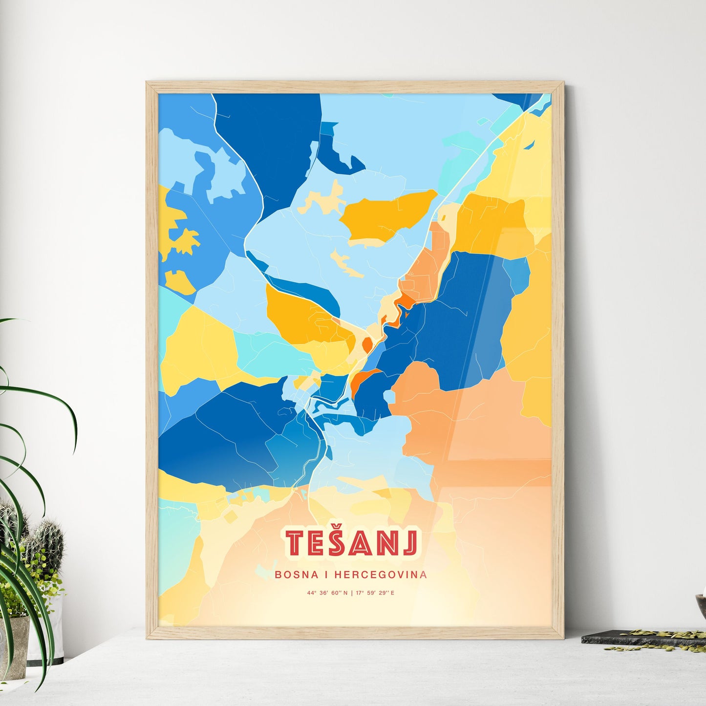 Colorful TEŠANJ BOSNIA AND HERZEGOVINA Fine Art Map Blue Orange