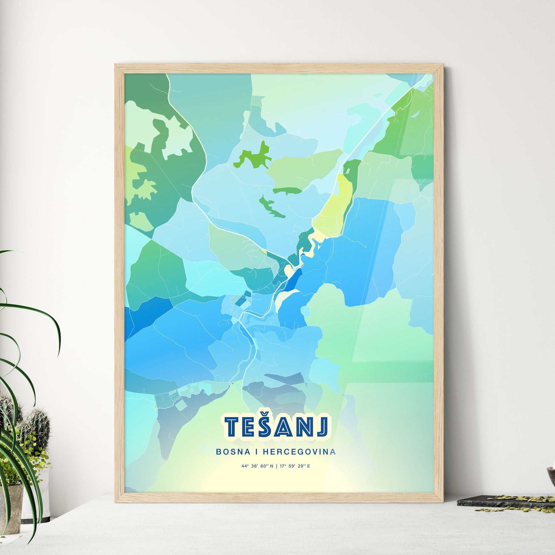 Colorful TEŠANJ BOSNIA AND HERZEGOVINA Fine Art Map Cool Blue