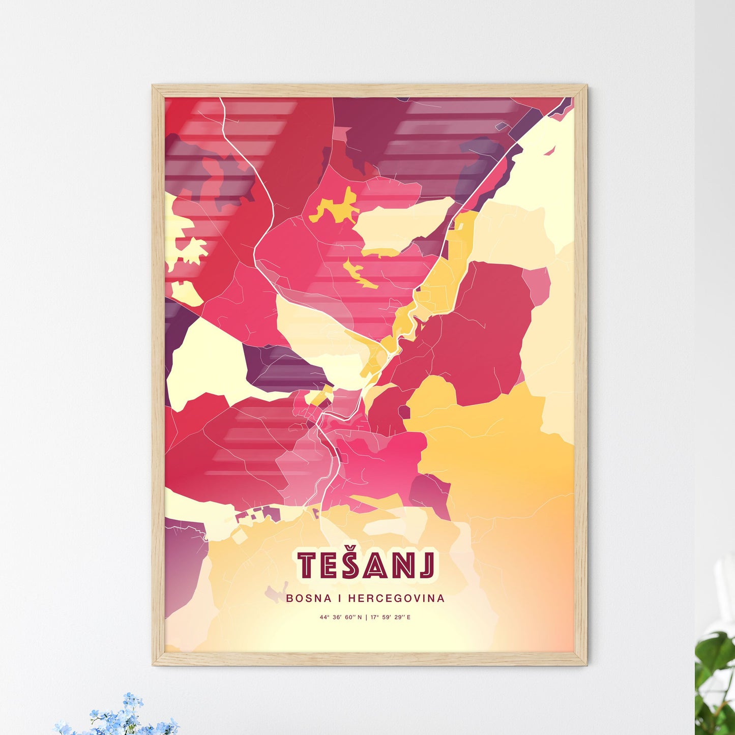 Colorful TEŠANJ BOSNIA AND HERZEGOVINA Fine Art Map Hot Red