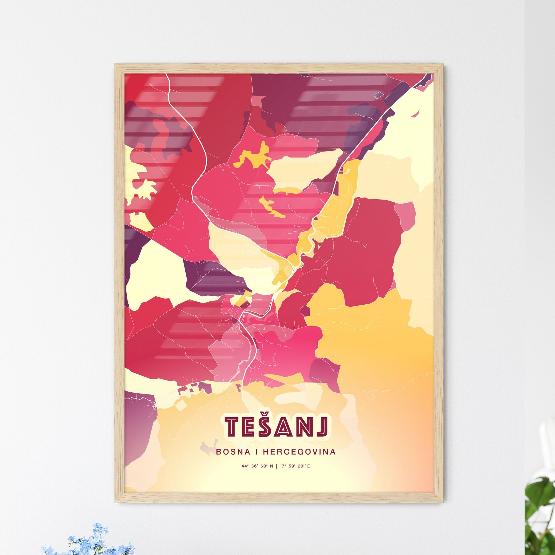 Colorful TEŠANJ BOSNIA AND HERZEGOVINA Fine Art Map Hot Red