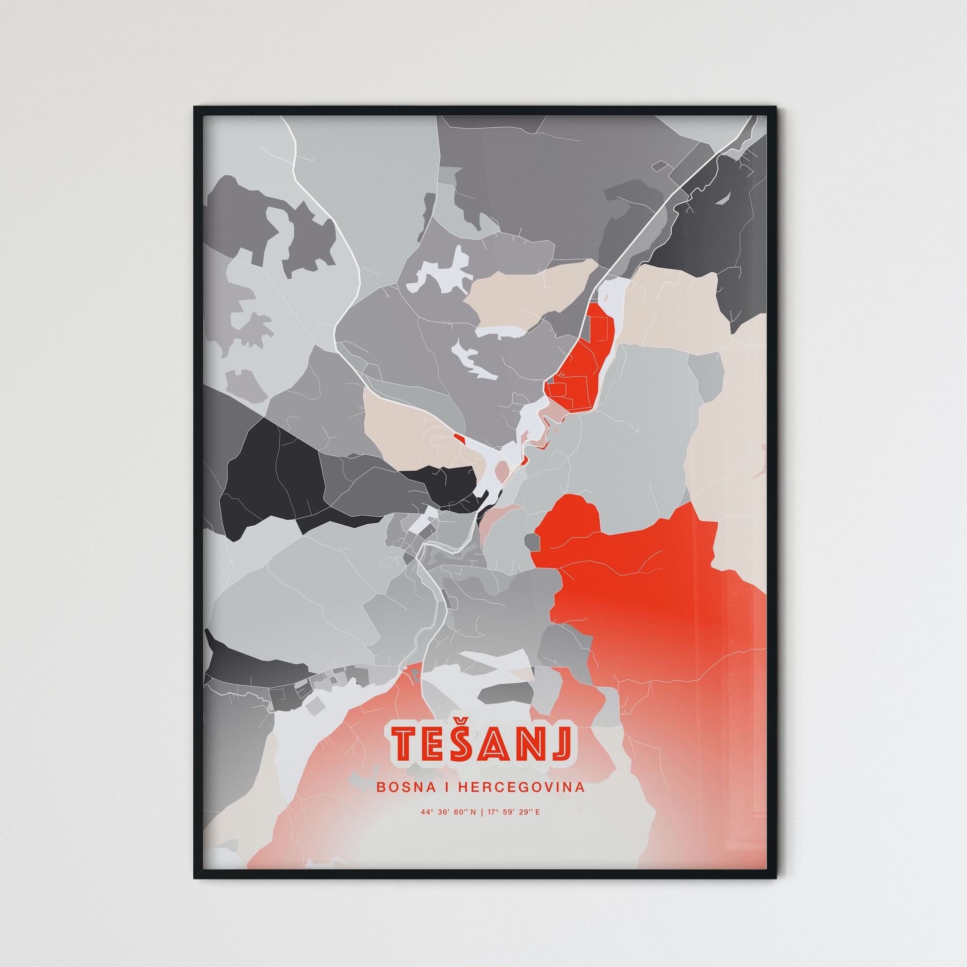 Colorful TEŠANJ BOSNIA AND HERZEGOVINA Fine Art Map Modern