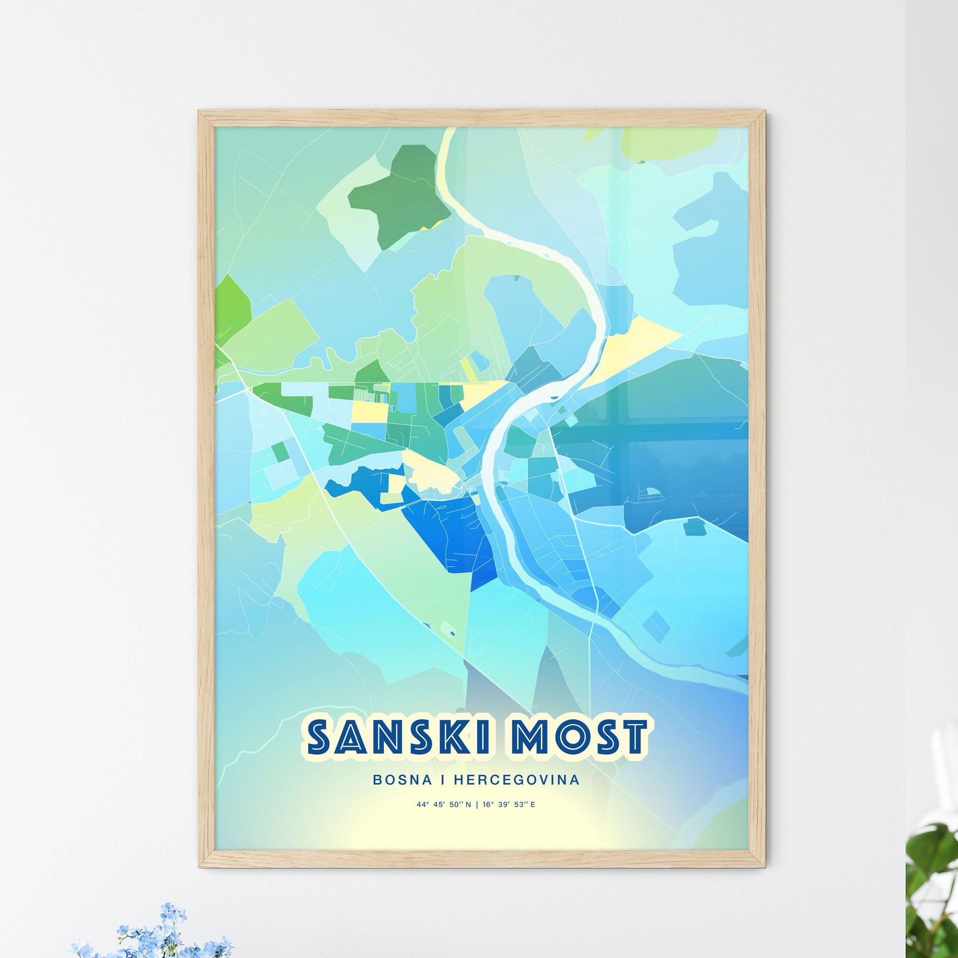 Colorful SANSKI MOST BOSNIA AND HERZEGOVINA Fine Art Map Cool Blue