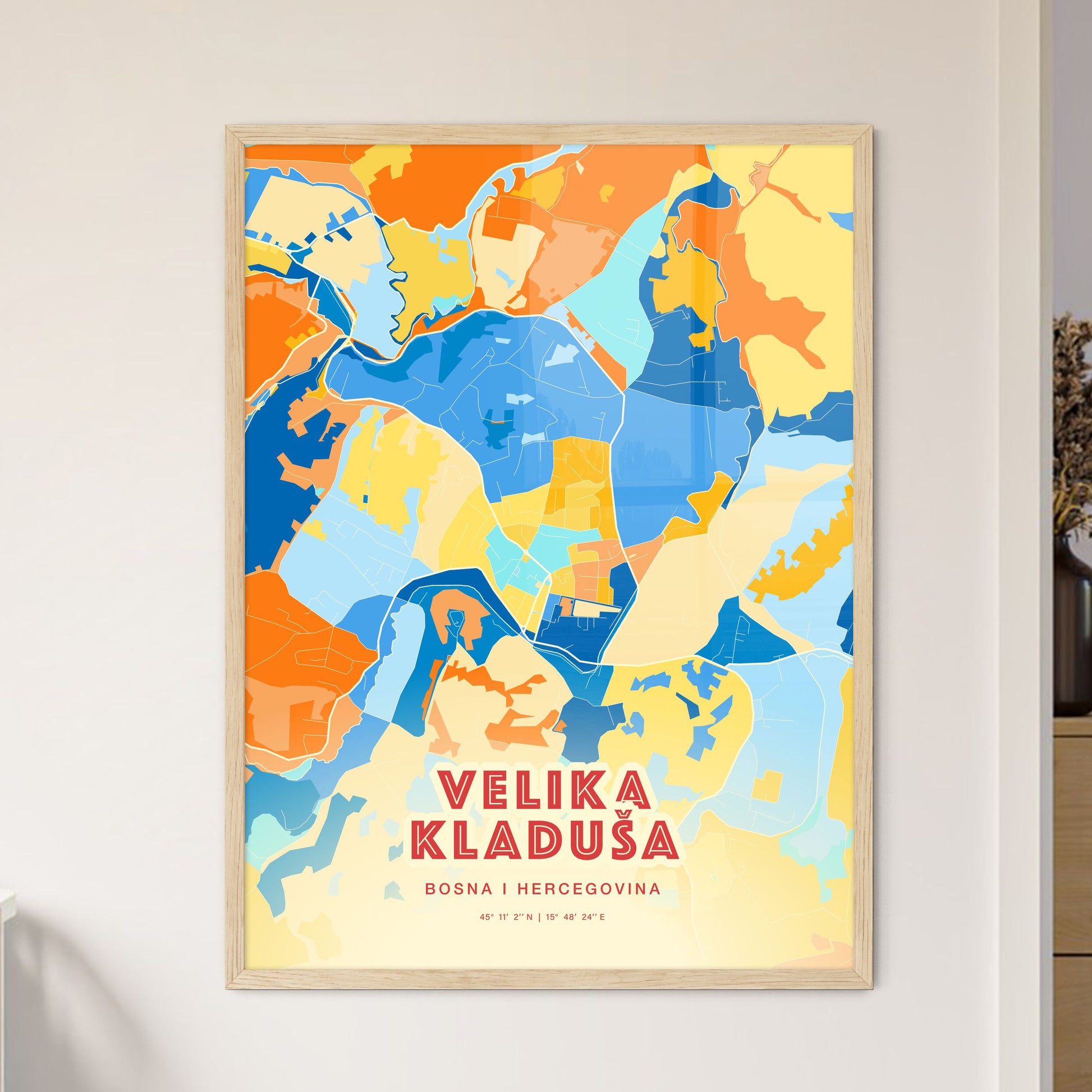 Colorful VELIKA KLADUŠA BOSNIA AND HERZEGOVINA Fine Art Map Blue Orange