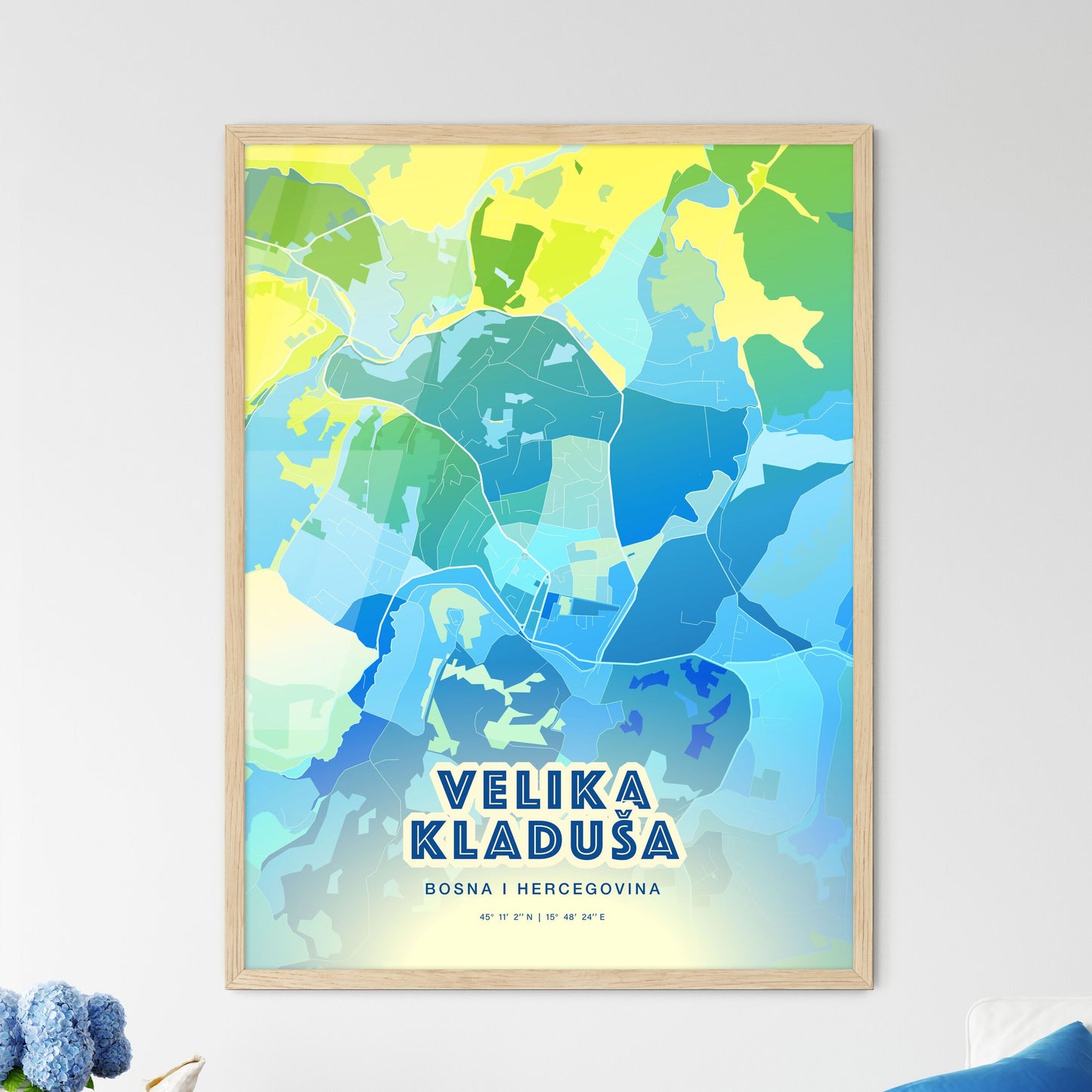 Colorful VELIKA KLADUŠA BOSNIA AND HERZEGOVINA Fine Art Map Cool Blue