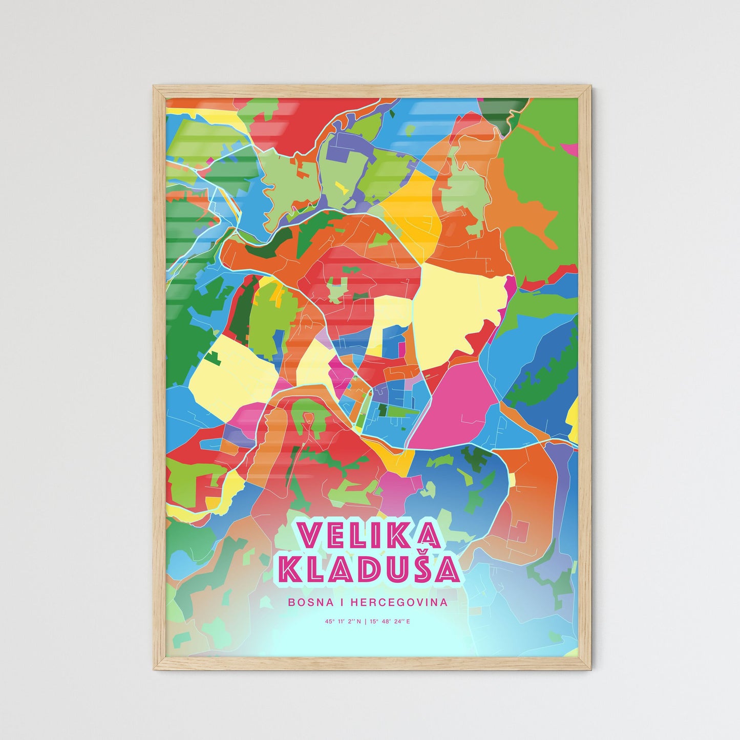 Colorful VELIKA KLADUŠA BOSNIA AND HERZEGOVINA Fine Art Map Crazy Colors
